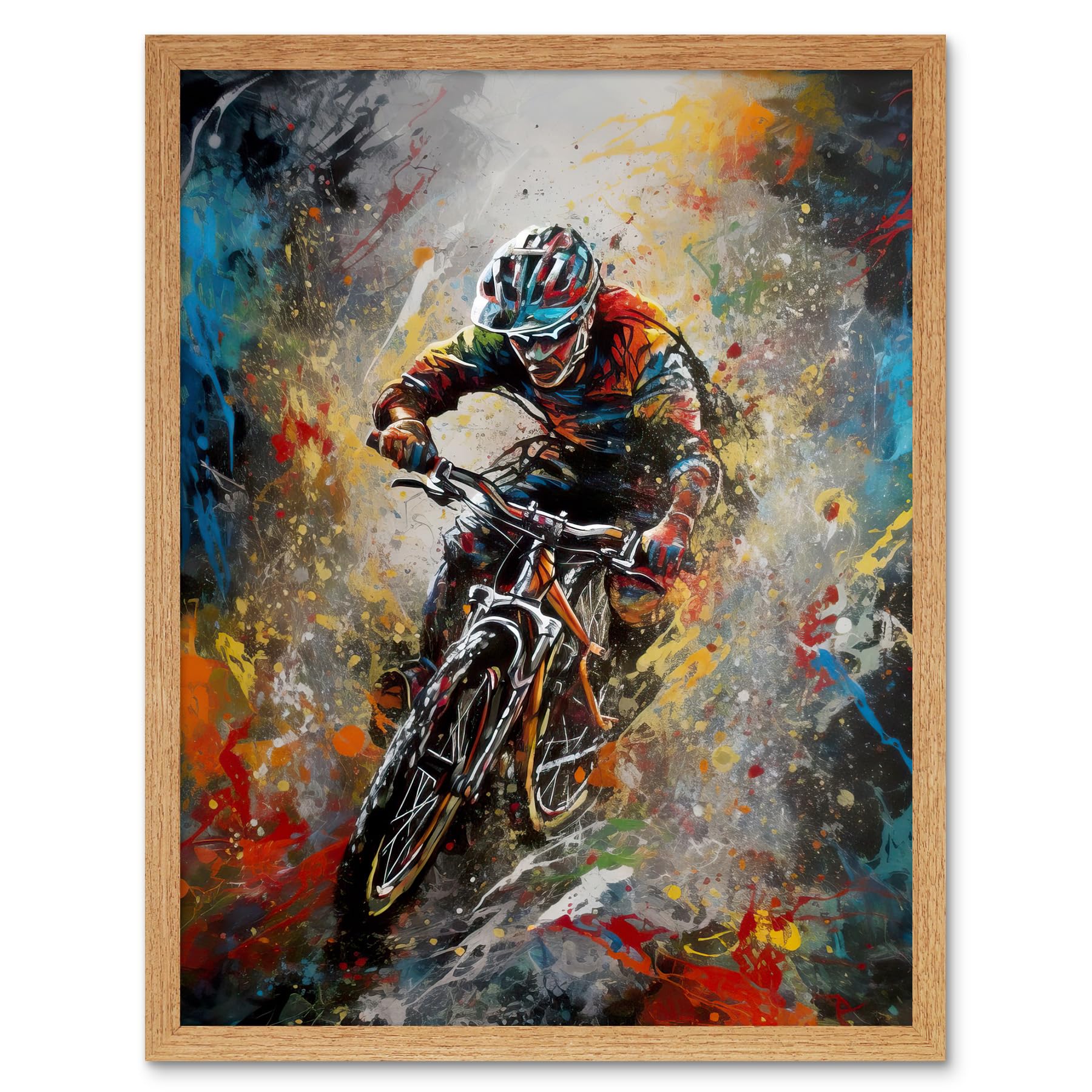 Artery8 Mountain Biker Paint Splat Action Shot Portrait Art Print Framed Poster Wall Decor 12x16 inch