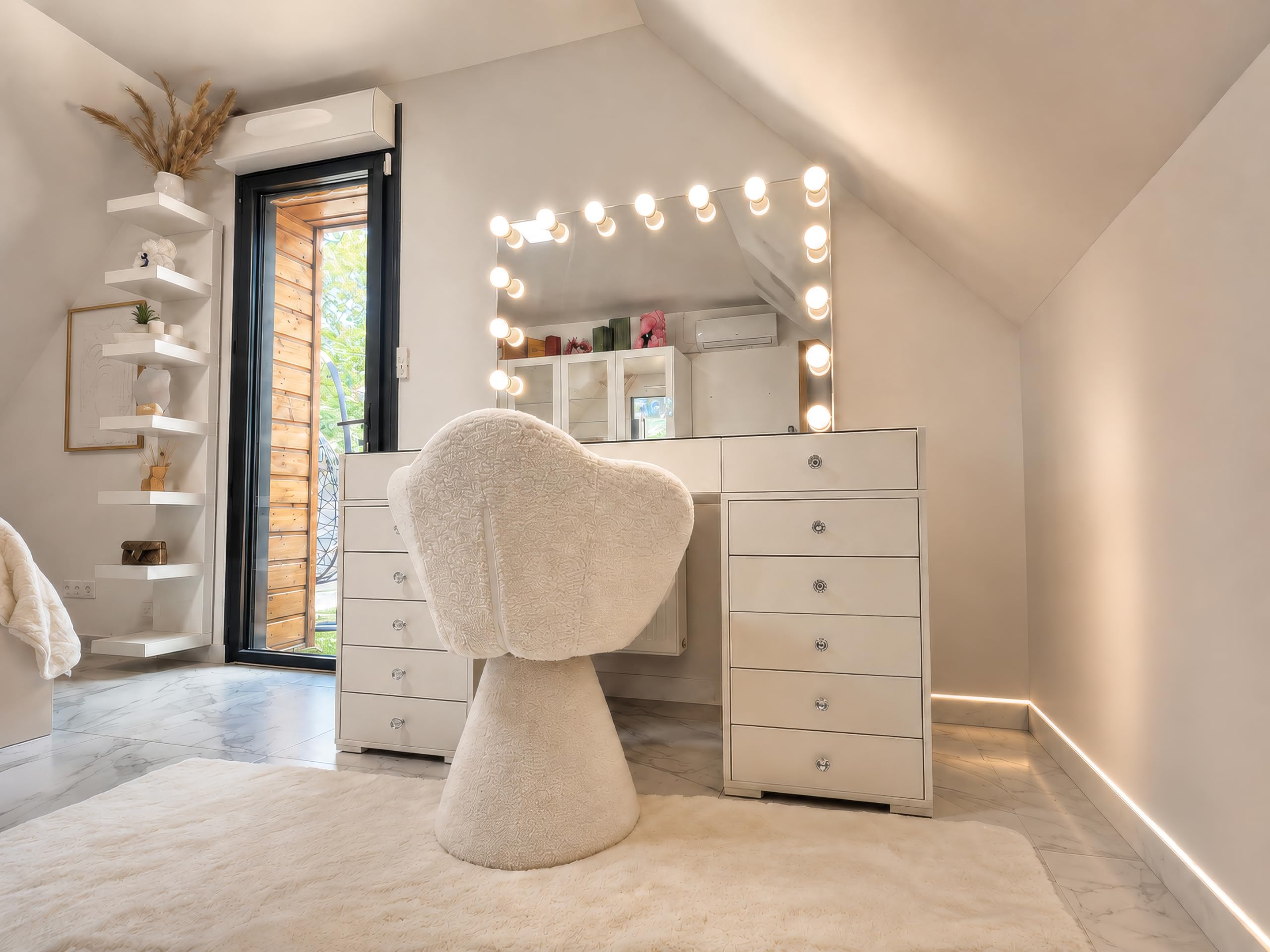 Générique Coiffeuse Vanity avec Miroir Lumineux LED Bluetooth USB – 13 tiroirs – Blanc