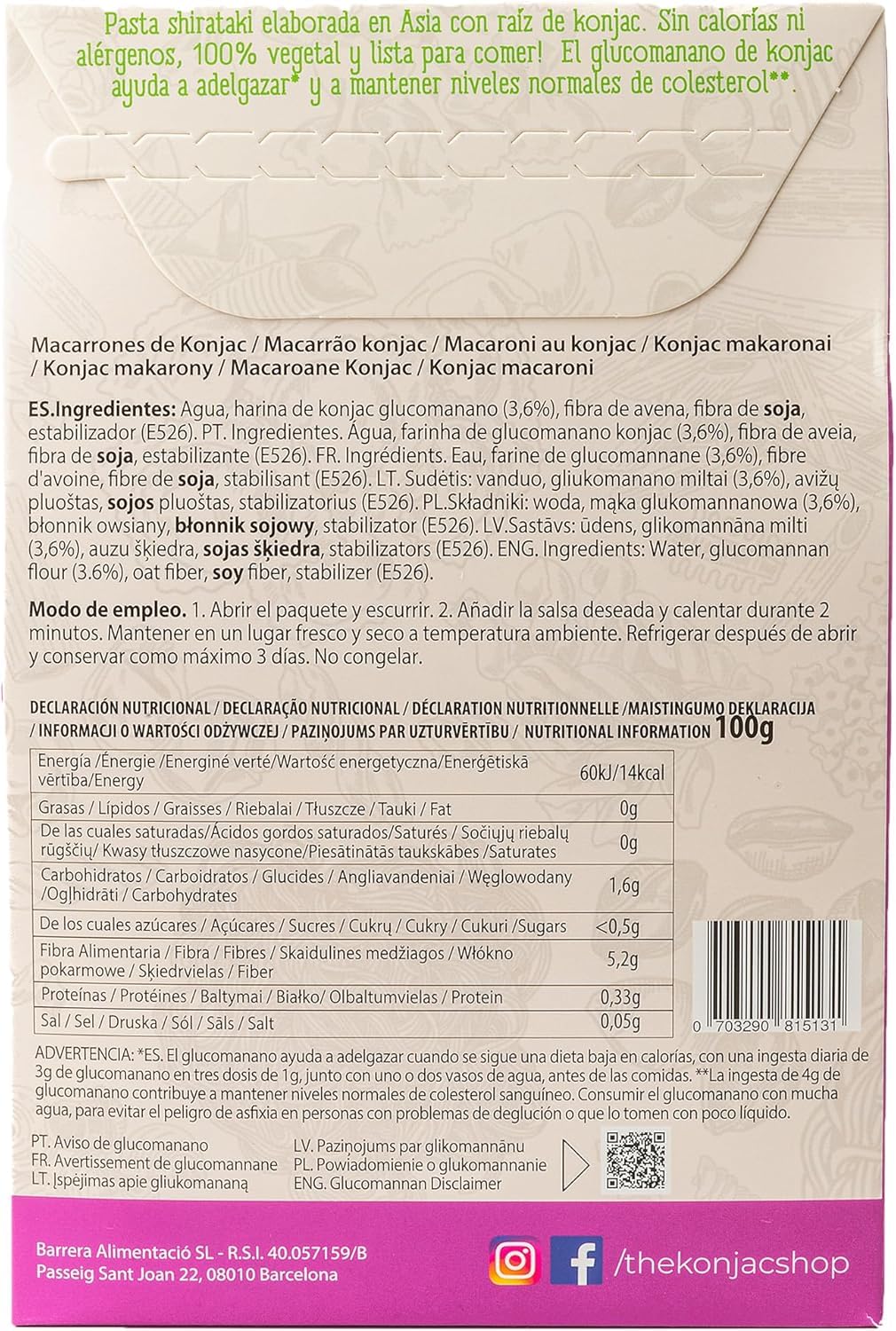 The Konjac Shop - Makaron Konjac 270g Shirataki Bezglutenowy, Niskokaloryczny i Niskowęglowodanowy Idealny do Diety Keto (Opakowanie 1 sztuk)