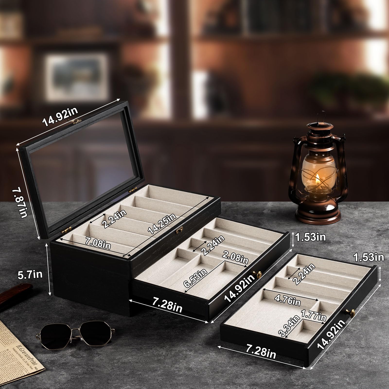 3 Étages Coffret Poignard, Bois Boîte Présentoir à Couteaux avec Tiroir et Couvercle Transparent, Support à Couteaux pour Exposer et Ranger les Couverts, pour Collection, Cadeau (Noir)