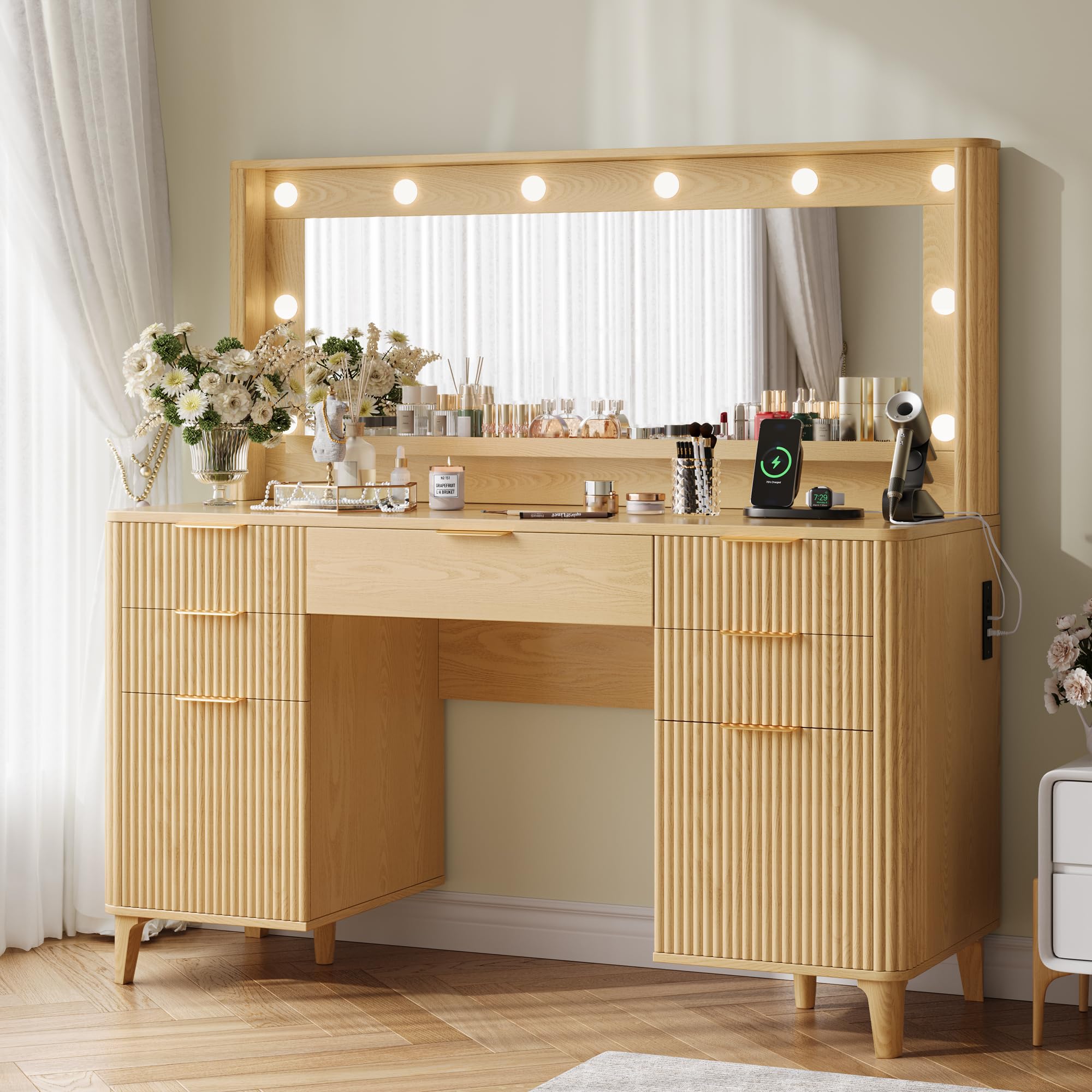 fluted makeup vanity desk with large 39.3" mirror and lights, 48.8" wood vanity, large vanity dressing table, modern wooden vanity table for women and girls, bedroom or dorm (nature)