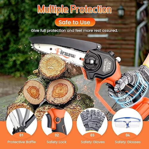 Miniatura 5 de Mini motosierra inalámbrica, motosierra eléctrica de 6 pulgadas, funciona con pilas, 2 baterías recargables de 24 V 2000 mAh con protector contra