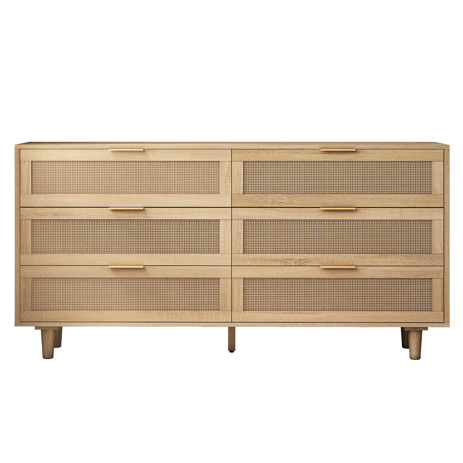 HMFULE 59.06''Dresser Rattan Boho Farmhouse Chest of 6 Drawers Storage Cabinet with Metal Handle Large Storage Space for Living Room Entryway(Natural)
