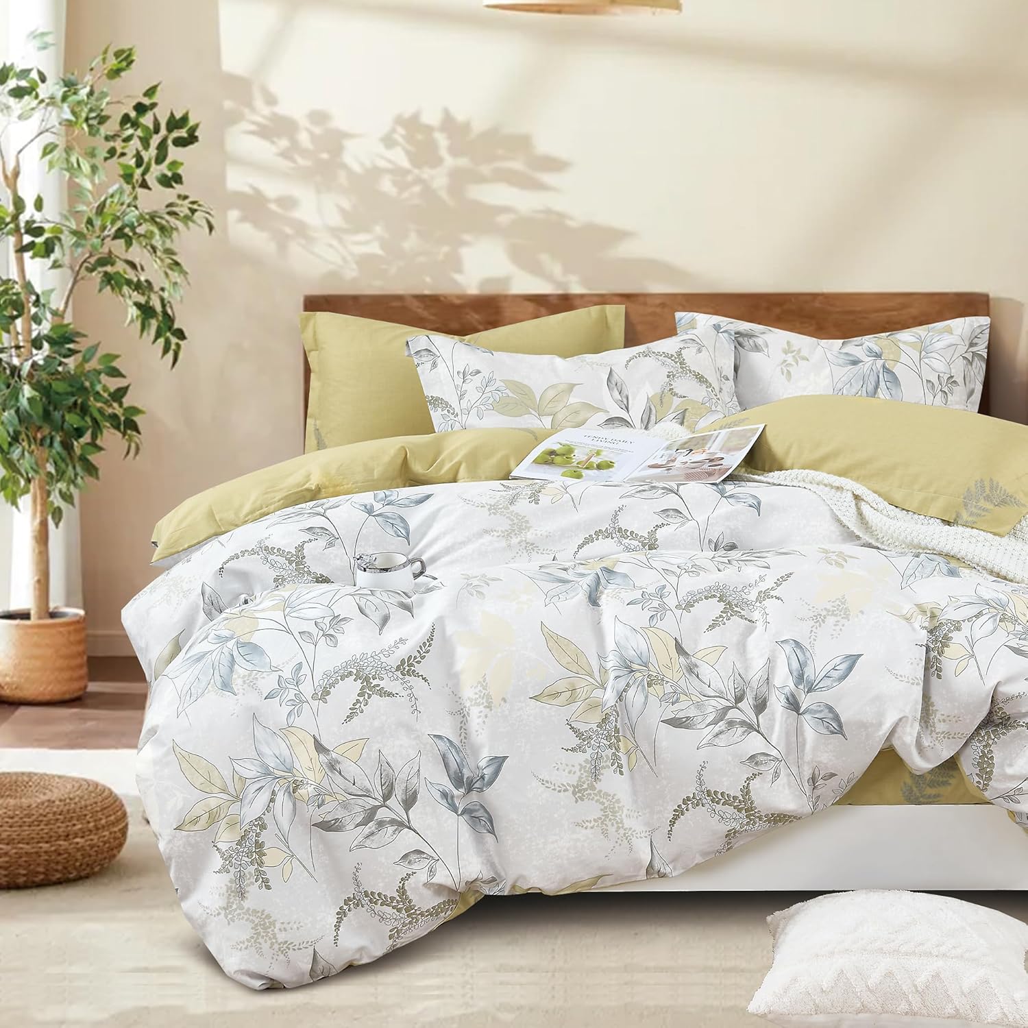 SLEEPBELLA Comforter Queen Size, 600 Thread Count Cotton White Printed with Light Yellow & Grey Botanical Comforter Set,Down Alternative Bedding Set 3Pcs(Queen, Yellow Botanical) Queen Yellow Botanical