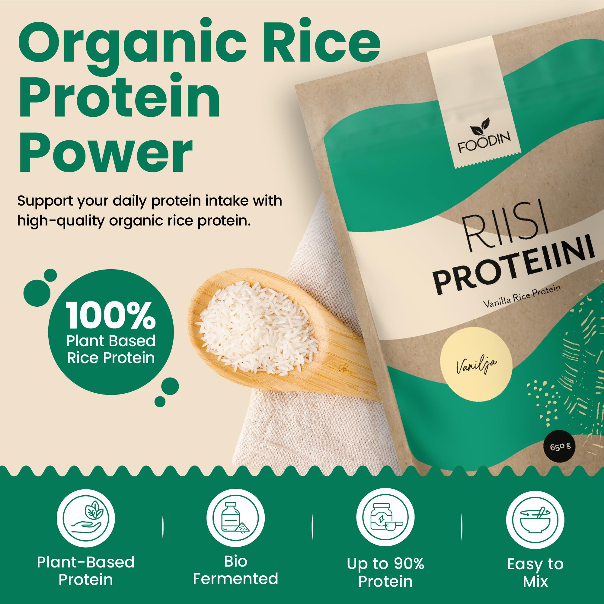 FOODIN Riso proteico in polvere 650 g, di riso germinato, senza glutine e polvere proteica vegana senza dolcificante artificiale, vaniglia