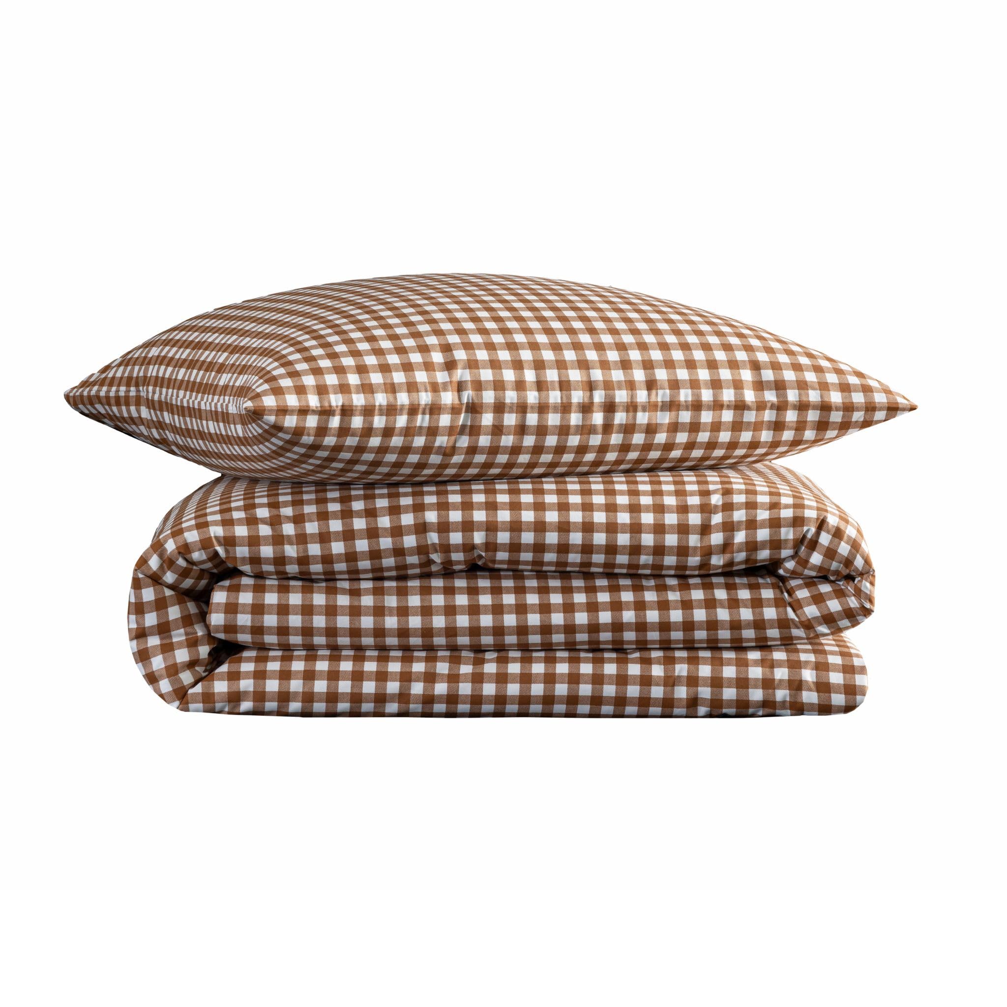 Terre de Nuit - Parure de lit Vichy 140x200 Marron - Marron Noisette - Carreaux - 57 Fils/cm² - Base Droite