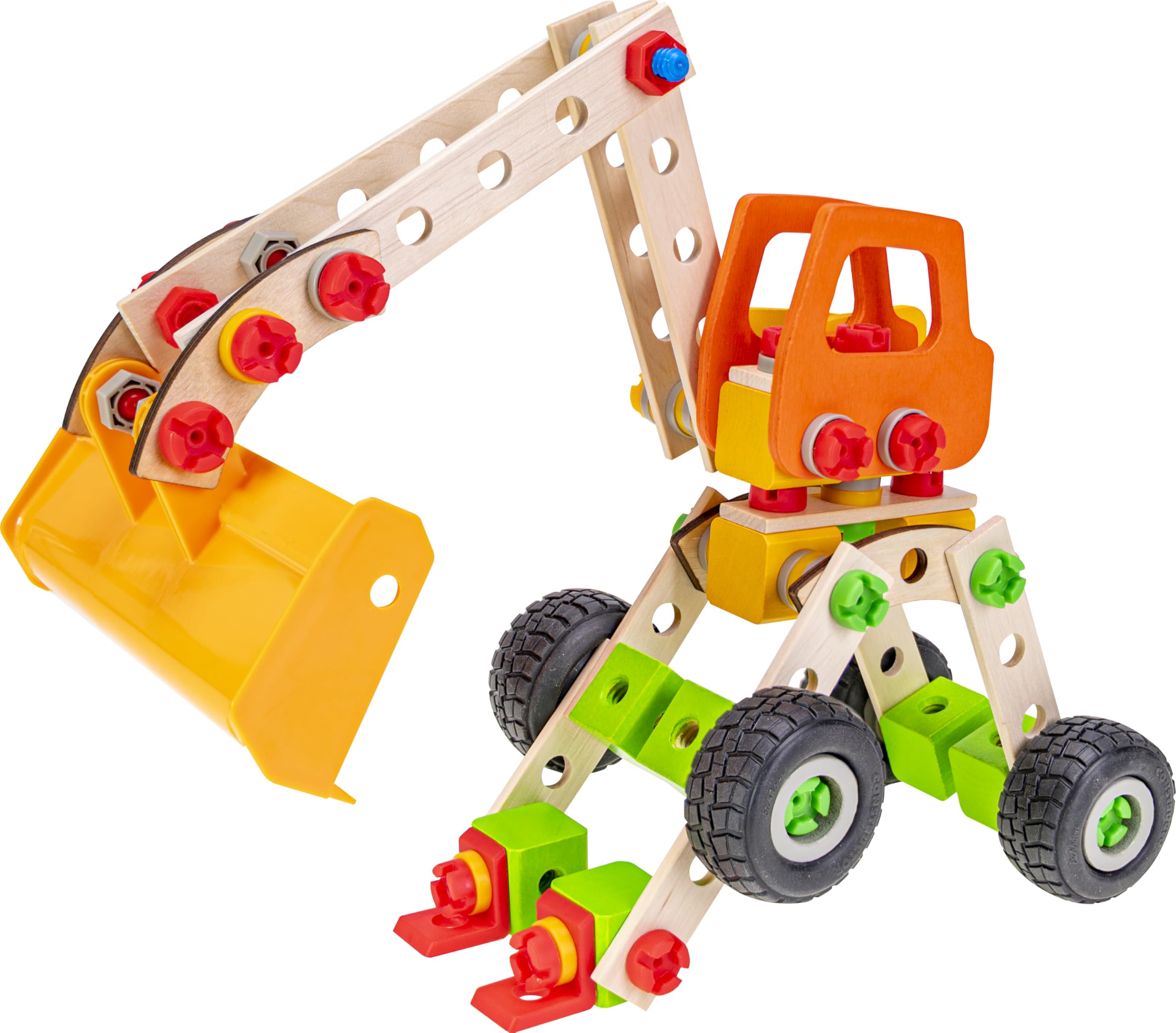 HEROS Constructor HE0011-6 in 1 Radlader, 140 Teile | Holz-Konstruktionsspielzeug mit Werkzeug, 6 verschiedene Baustellenfahrzeuge, FSC®-zertifiziert, Made in Germany, 5+