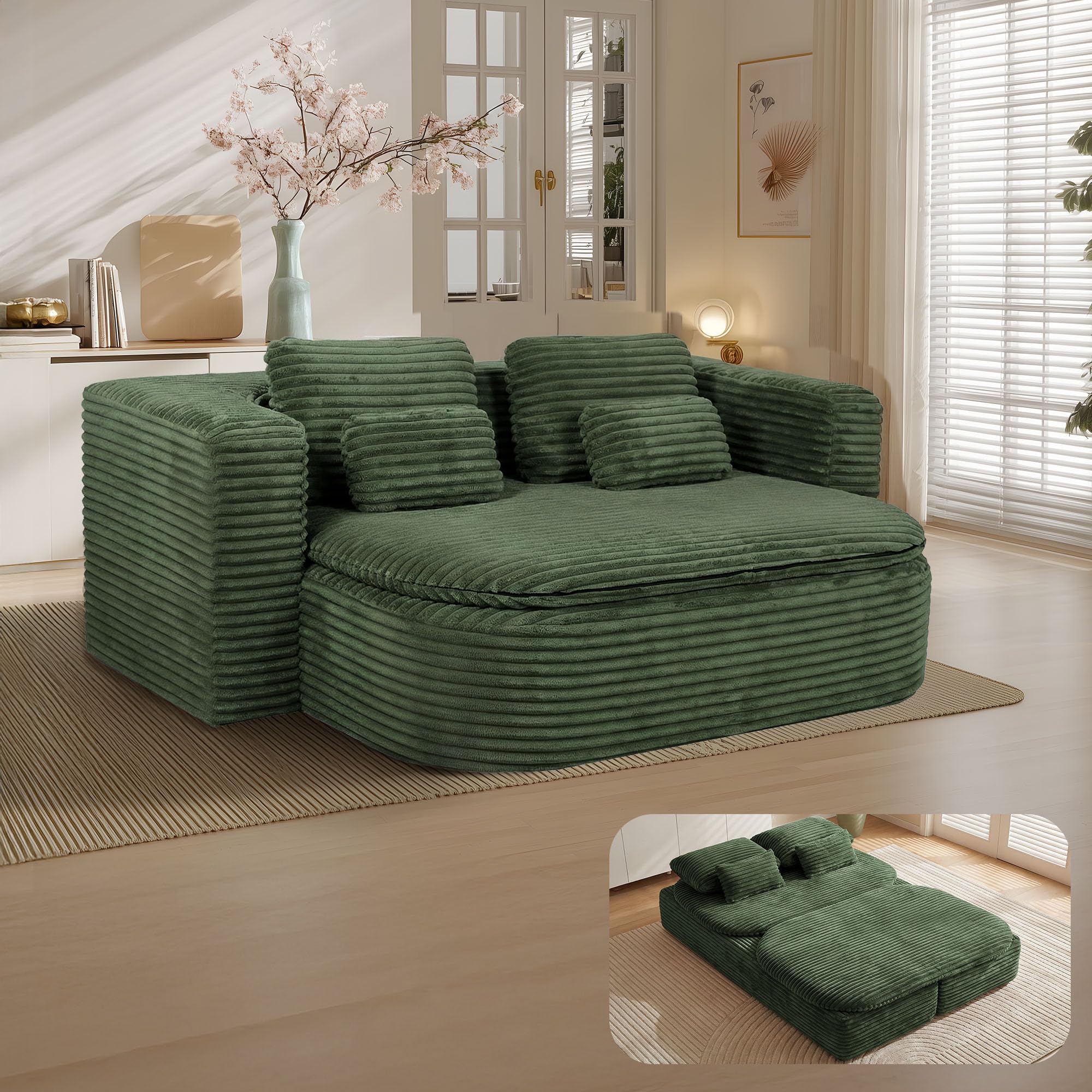 75'' Folding Sleeper Sofa Bed, Memory Foam Boneless Couch | Full Size Guest Bed Mattress, Modern 2-in-1 Floor Deep Seat Sleeper Sofa with 4 Pillows and Blanket | Corduroy Green