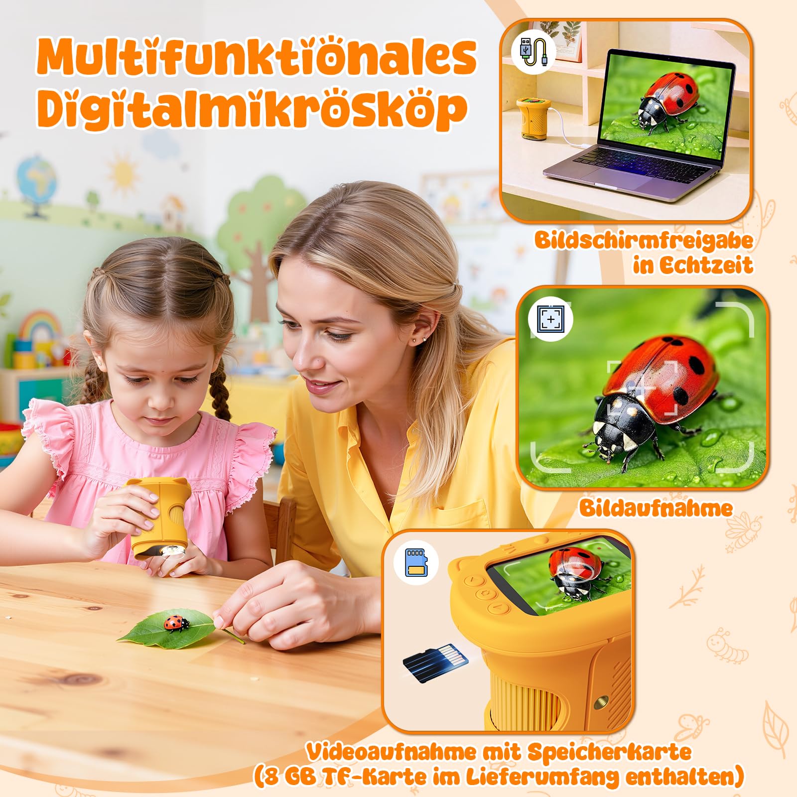 Mikroskop für Kinder, 1000X&2.4" HD Bildschirm Digitales Mikroskop für Kinder Spielzeug ab 3 4 5 6 7 8 Jahren Kindermikroskop Geschenk Junge 3-10 Jahre Taschenmikroskop Geburtstagsgeschenk