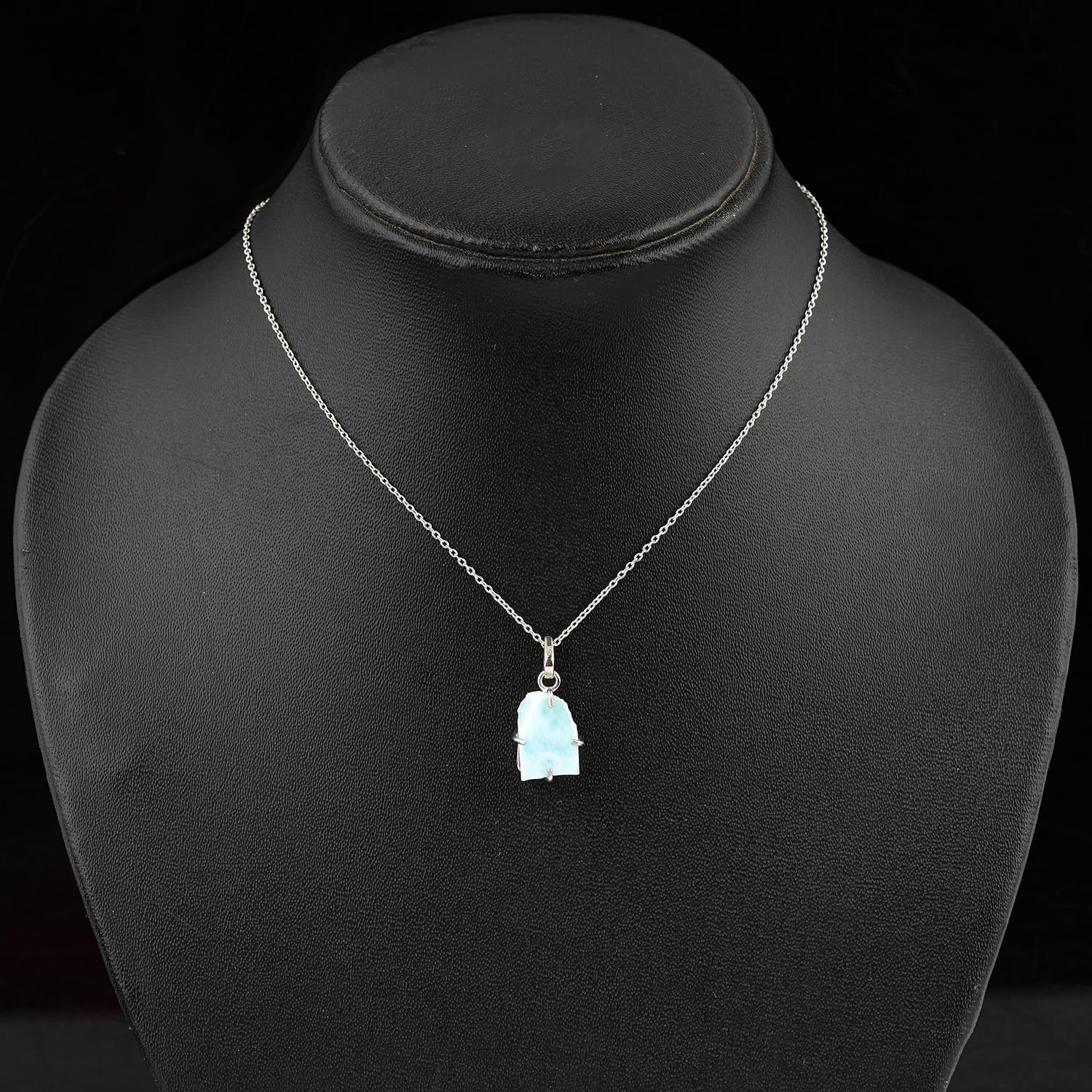 CRYSTALIS Natural Larimar Gemstone Raw Crystal Pendant Necklace, Best Grade Crystal in Prong, Chakra Healing Women Gift Jewelry, Rhodium Over 925 Sterling Silver Chain 18 inch