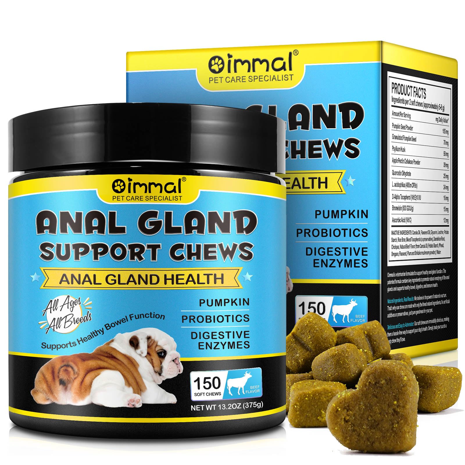 Analdrüsenunterstützung für Hunde, 150 STK Analdrüsen-Ergänzung Weichkautabletten mit Kürbis-Püree-Faser, unterstützt gesunde Analdrüsen & Darmfunktion bei Hundedurchfall mit Verdauungsenzymen
