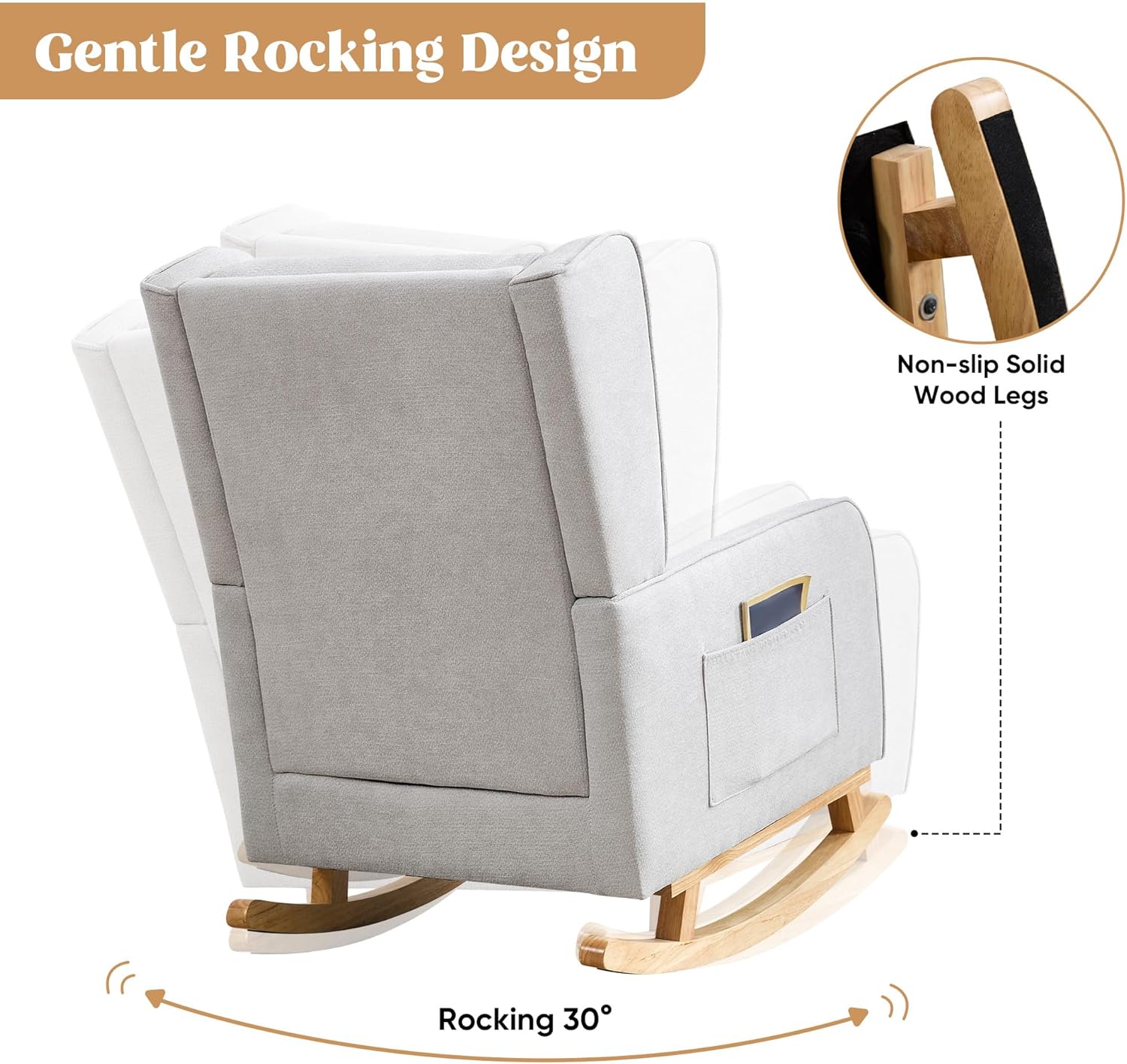 HCHAIRH Nursery Rocking Chairs, Rocking Chair Nursery for Mom Nursery Rocker with High Backrest and Solid Wood Legs, Modern Wingback Accent Chair for Reading Living Room Bedroom, Light Grey
