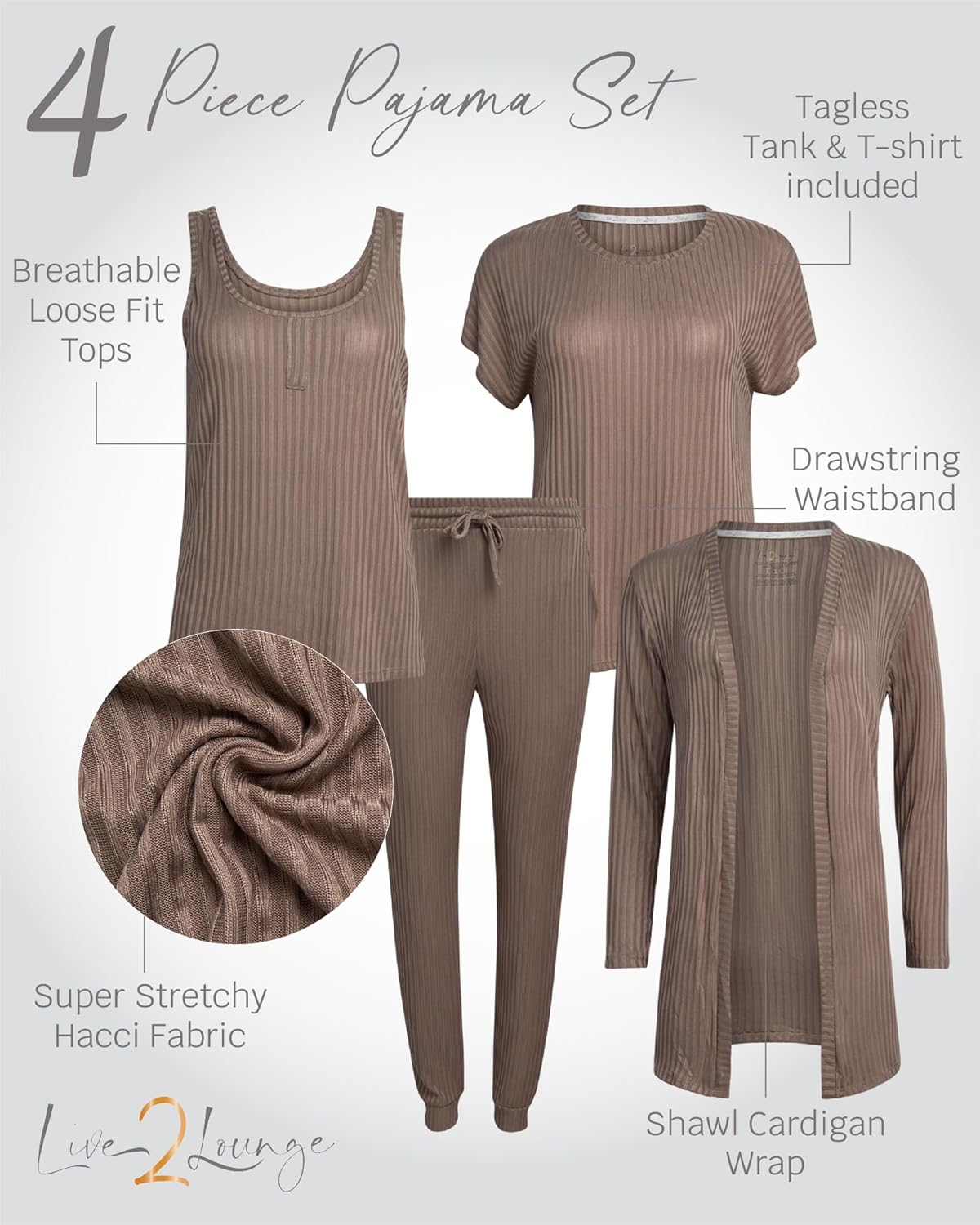 Women's 4-Piece Pajama Set, Soft Hacci Knit Loungewear, Short Sleeve T-Shirt, Tank Top, Cardigan & Jogger Pants - Image 2