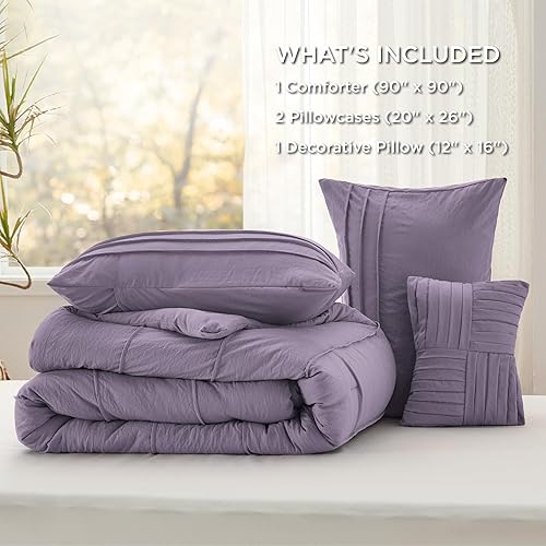 Miniatura 6 de Bedsure Juego de edredón morado tamaño Queen, juego de cama plisado de 4 piezas, juegos de ropa de cama alternativa de plumón para todas las