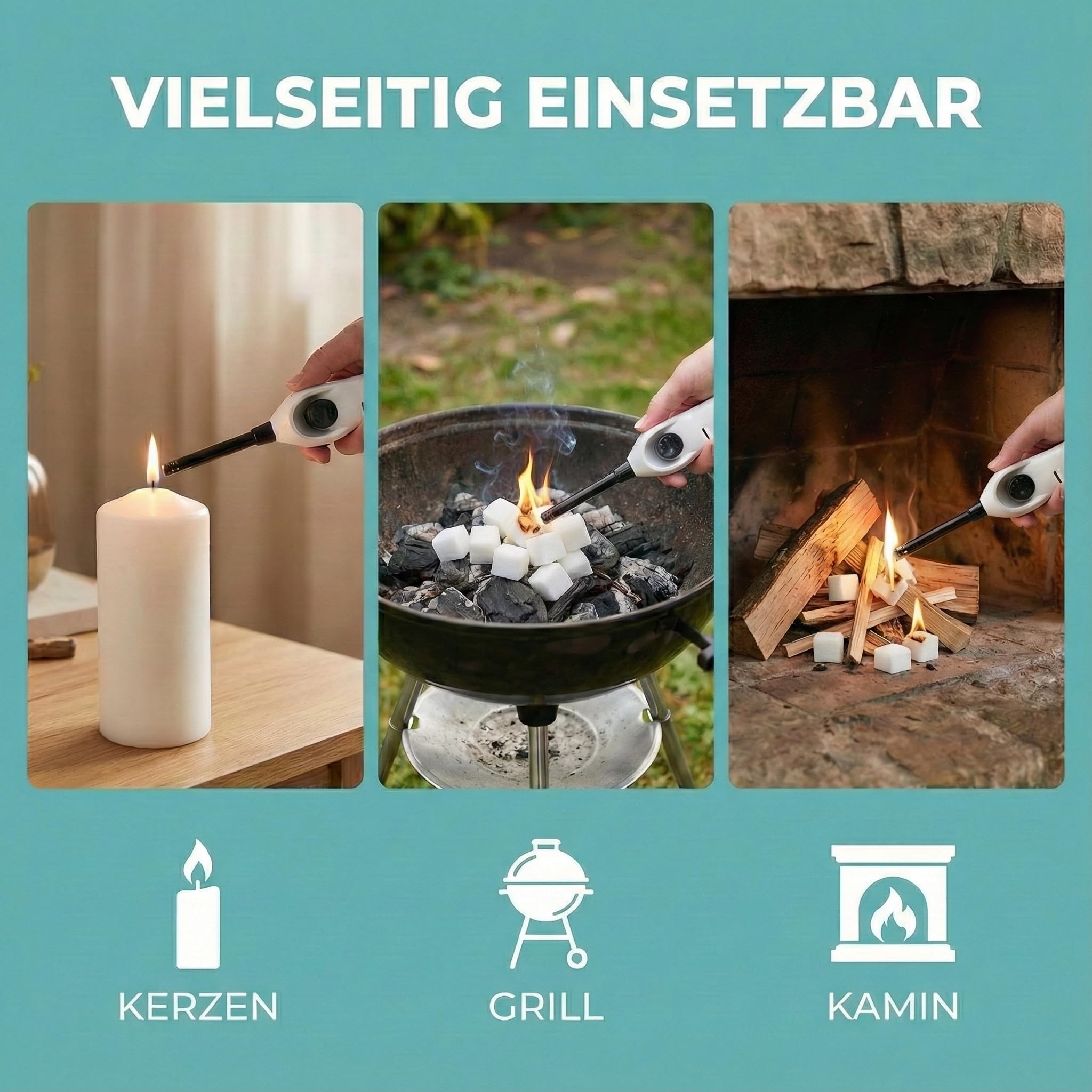 TOM Stabfeuerzeug Set 10 Stück nachfüllbar 21,8 cm | Langes Gasfeuerzeug und Kerzenanzünder, elektronisches Zündsystem, Soft Flame, für Kerzen, Grill und Kamin