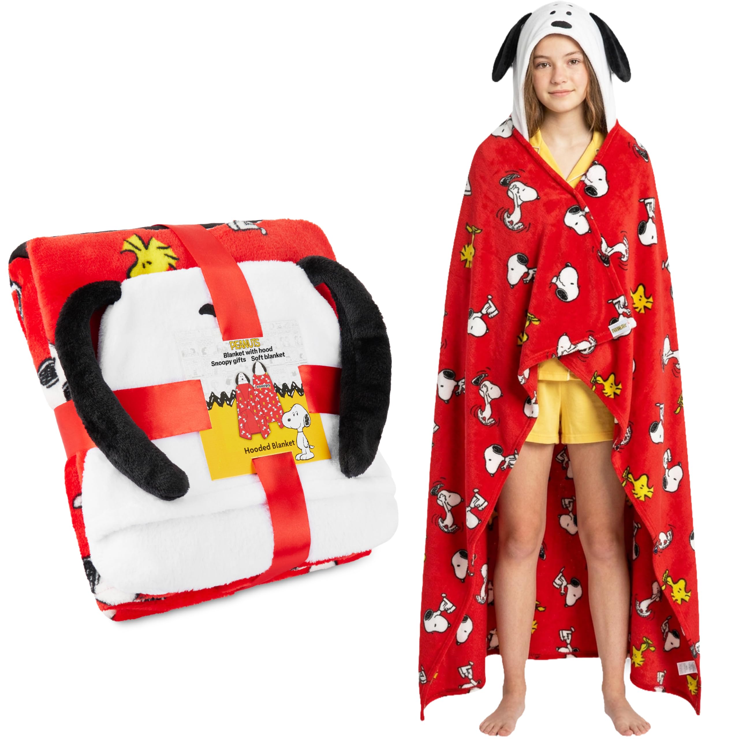 Peanuts Snoopy Wearable Blanket for Kids, Teens & Women, Ultra Soft Fleece Hooded Throw Blanket, Warm, Cosy & Lightweight Oversized Fleece Poncho (Red Peanuts)