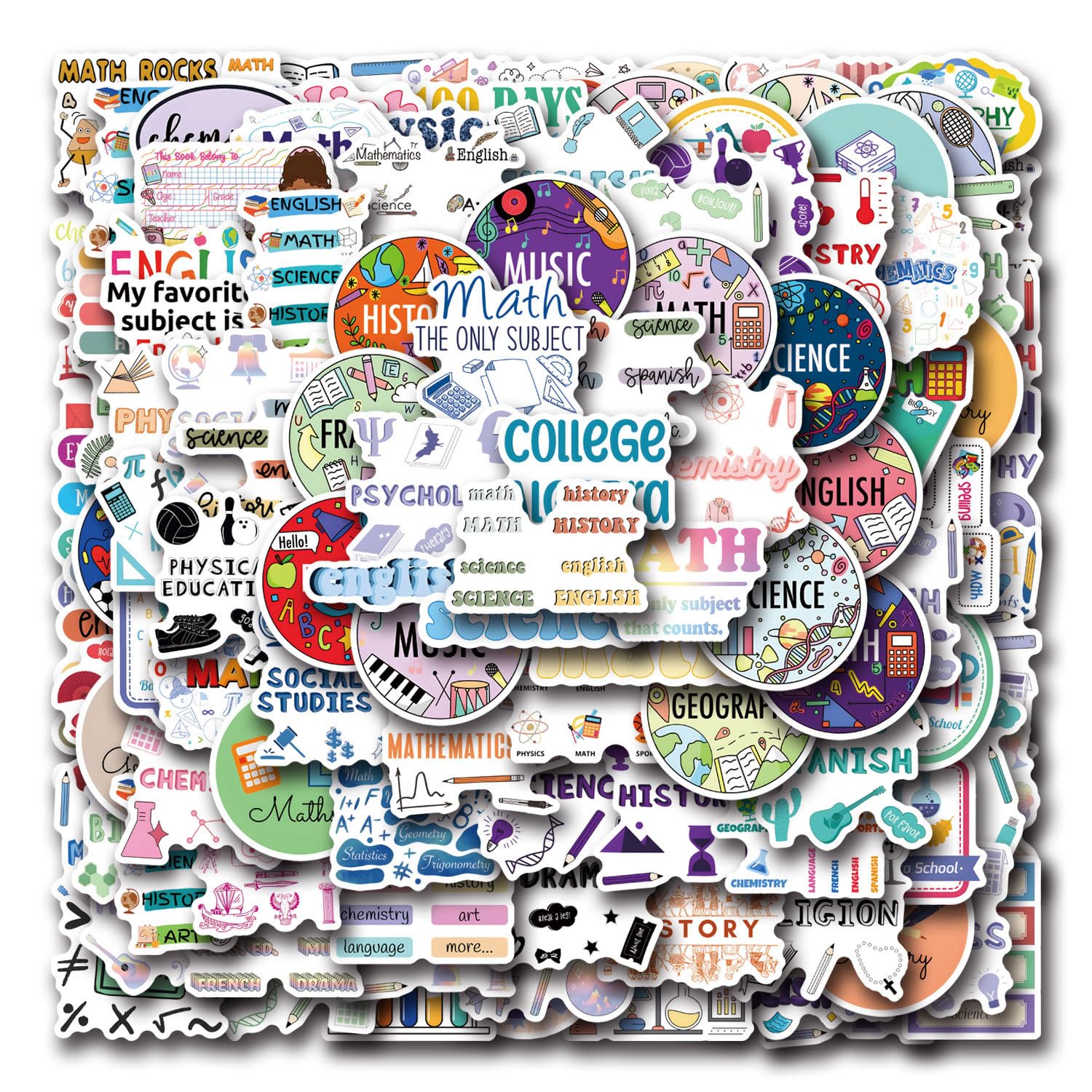 110Pcs School Subject Stickers for Girls Boys Child Adults Teens,Cute Style Stickers for Skateboard,Laptop,Water Bottles,Bicycle,Computer,PVC Waterproof Vinyl for Wall,Graffiti Stickers Pack