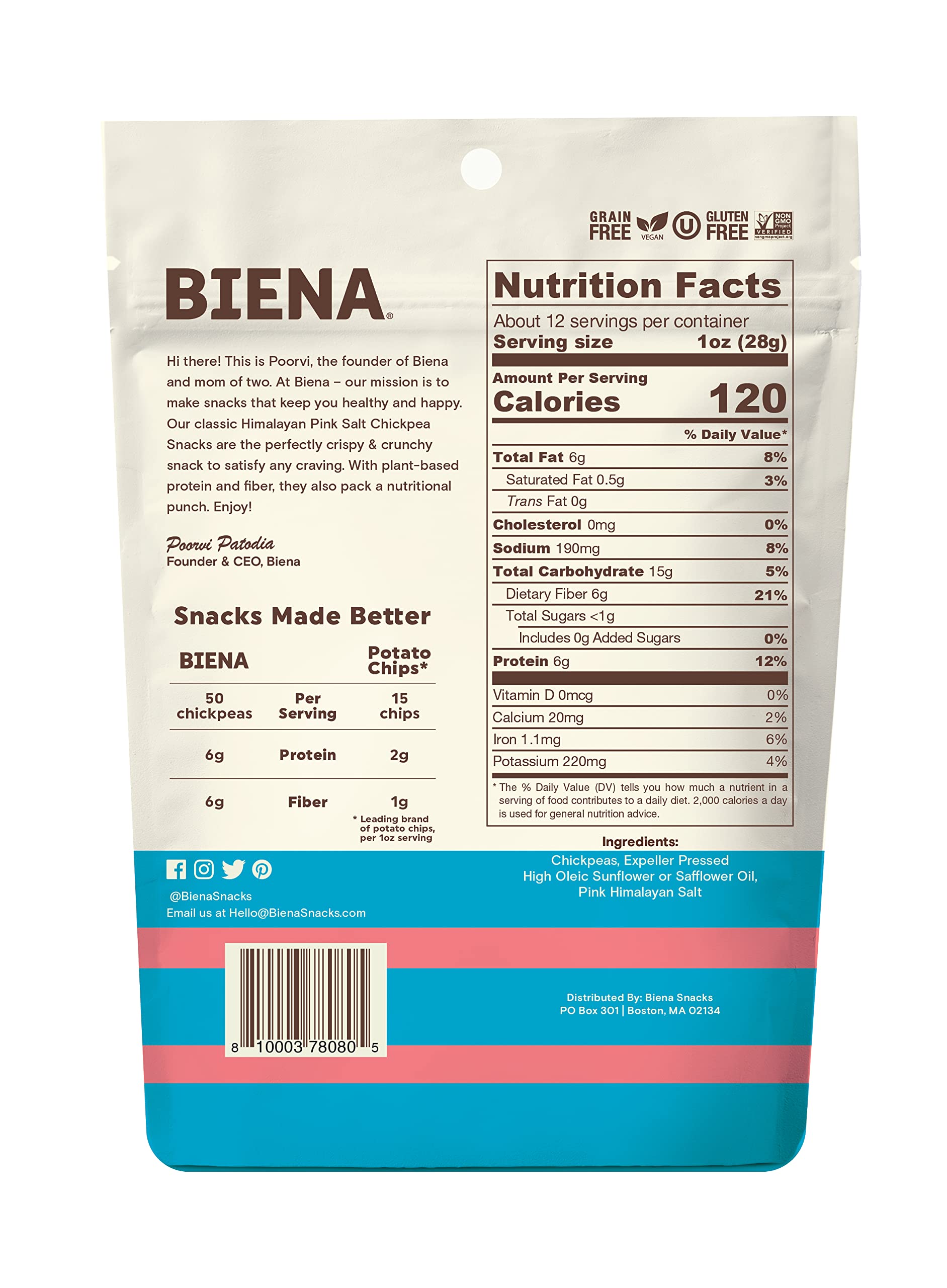 BIENA Chickpea Snacks - Crunchy Roasted Chickpeas - High Fiber Vegan Protein Snacks for Adults and Kids - Individual Pack - Himalayan Pink Salt thumbnail 2