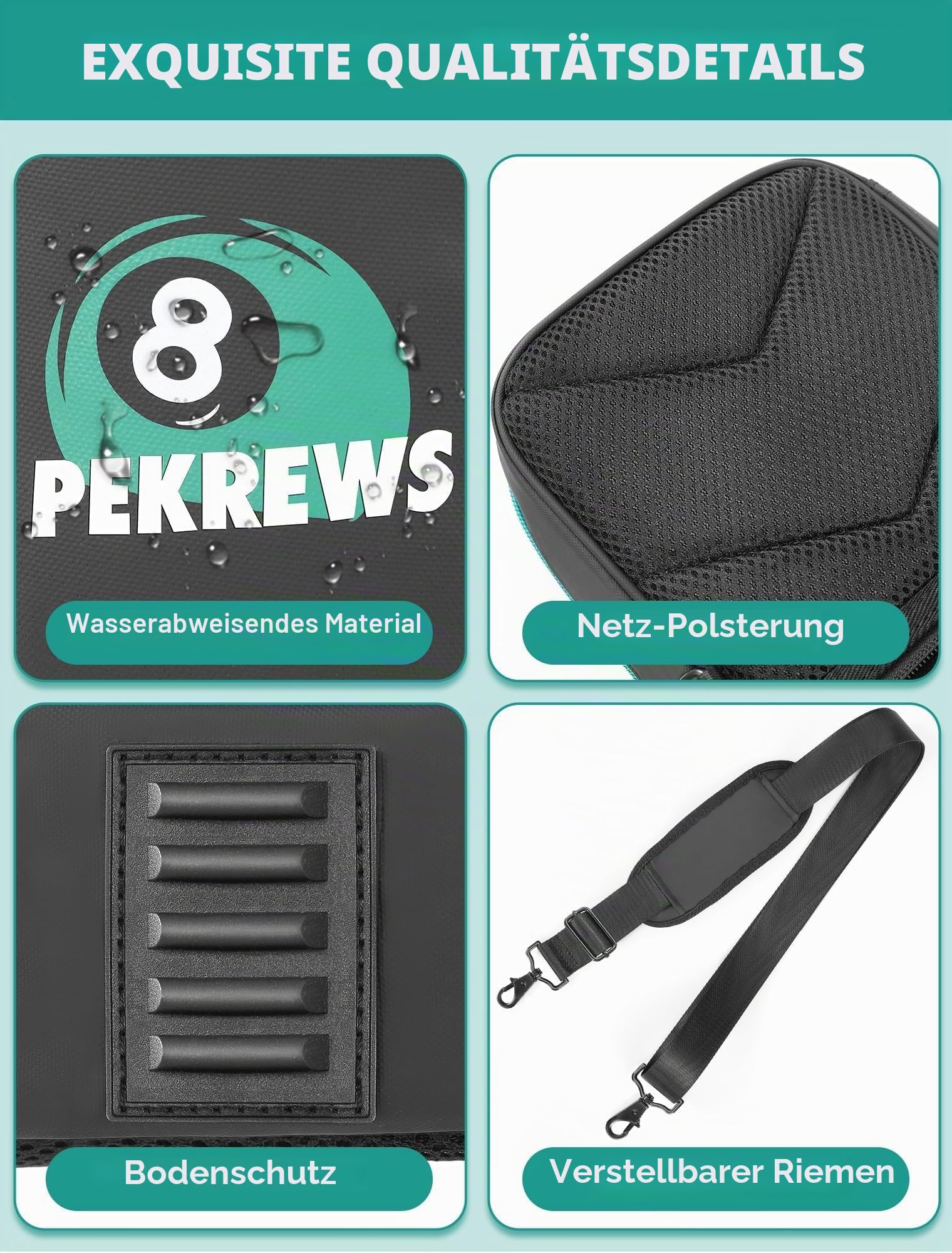 PEKREWS Pool Cue Case, Pool Stick Case 4x5 with Multiple Pockets Holds 4 Butts 5 Shafts, Soft Padded Sturdy Pool Cue Bag, Billiard Cue Backpack with Adjustable Shoulder Straps for Men and Women