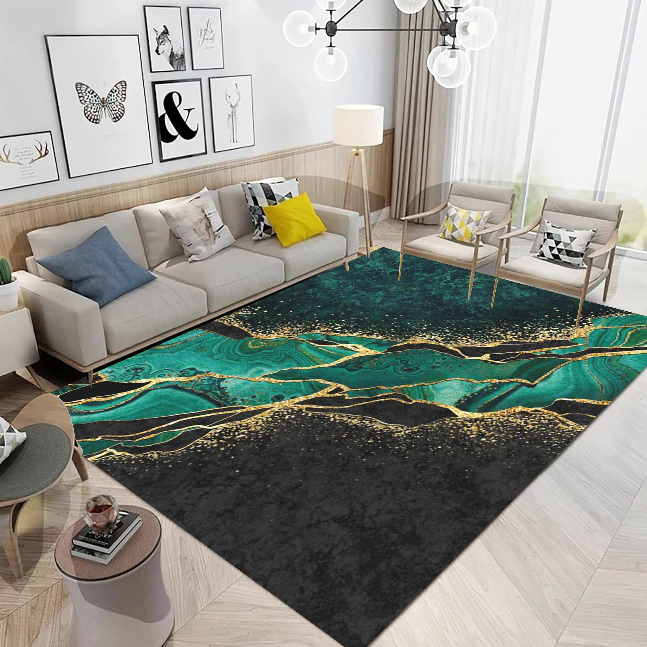 PDENZG Gray Marble Area Rug, 6x8ft, Luxury Black Gold Abstract Art Interior Decoration Rug, Comfortable and Durable Non-Slip Washable Rug for Living