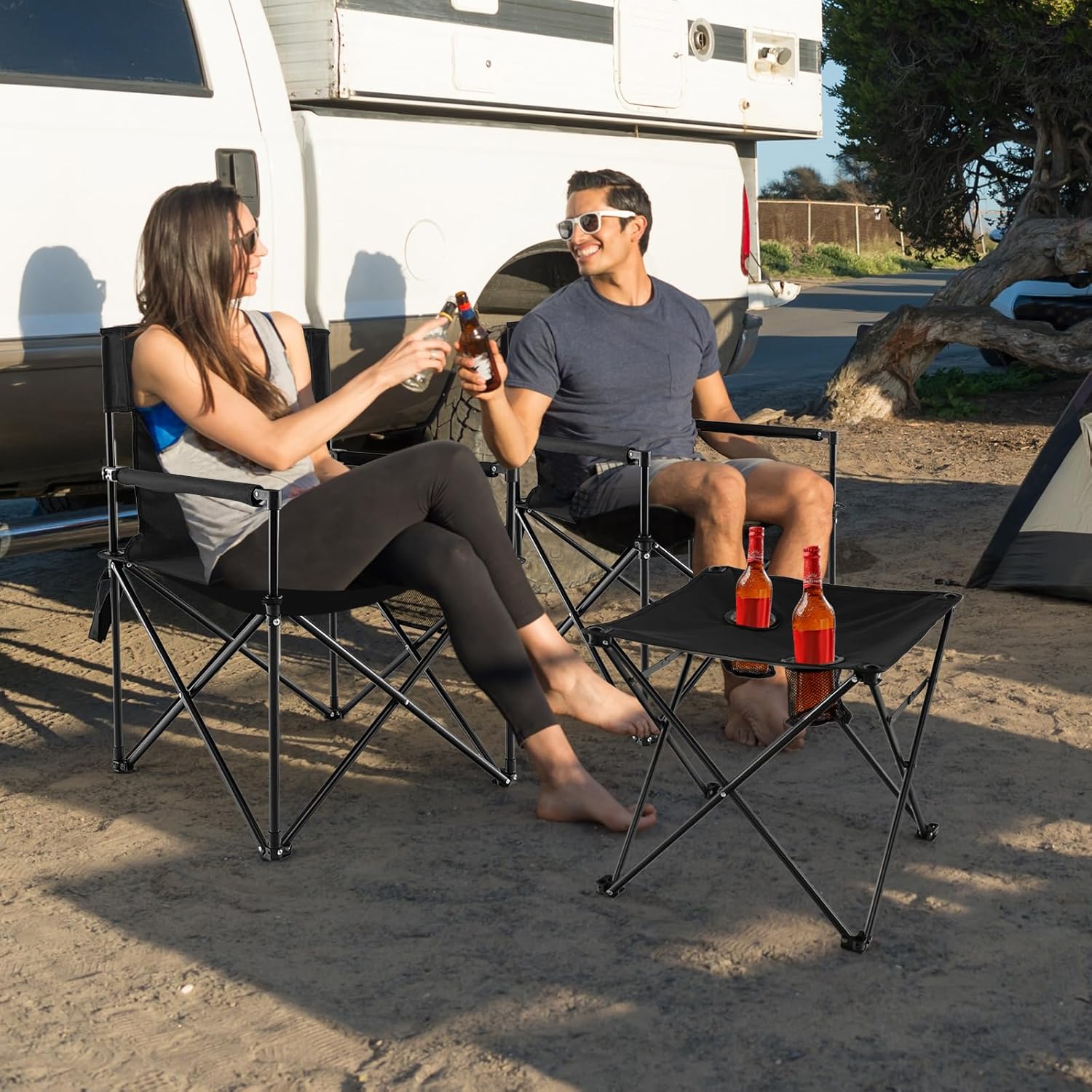 Giantex Camping Chair and Table Set - 3 Pack Folding Beach Chair with Side Table, 2 Cup Holders, Storage Pockets, Carrying Bag, 400 lbs Capacity Hammock Camping Chair for Fishing, Hiking, Picnic, BBQ