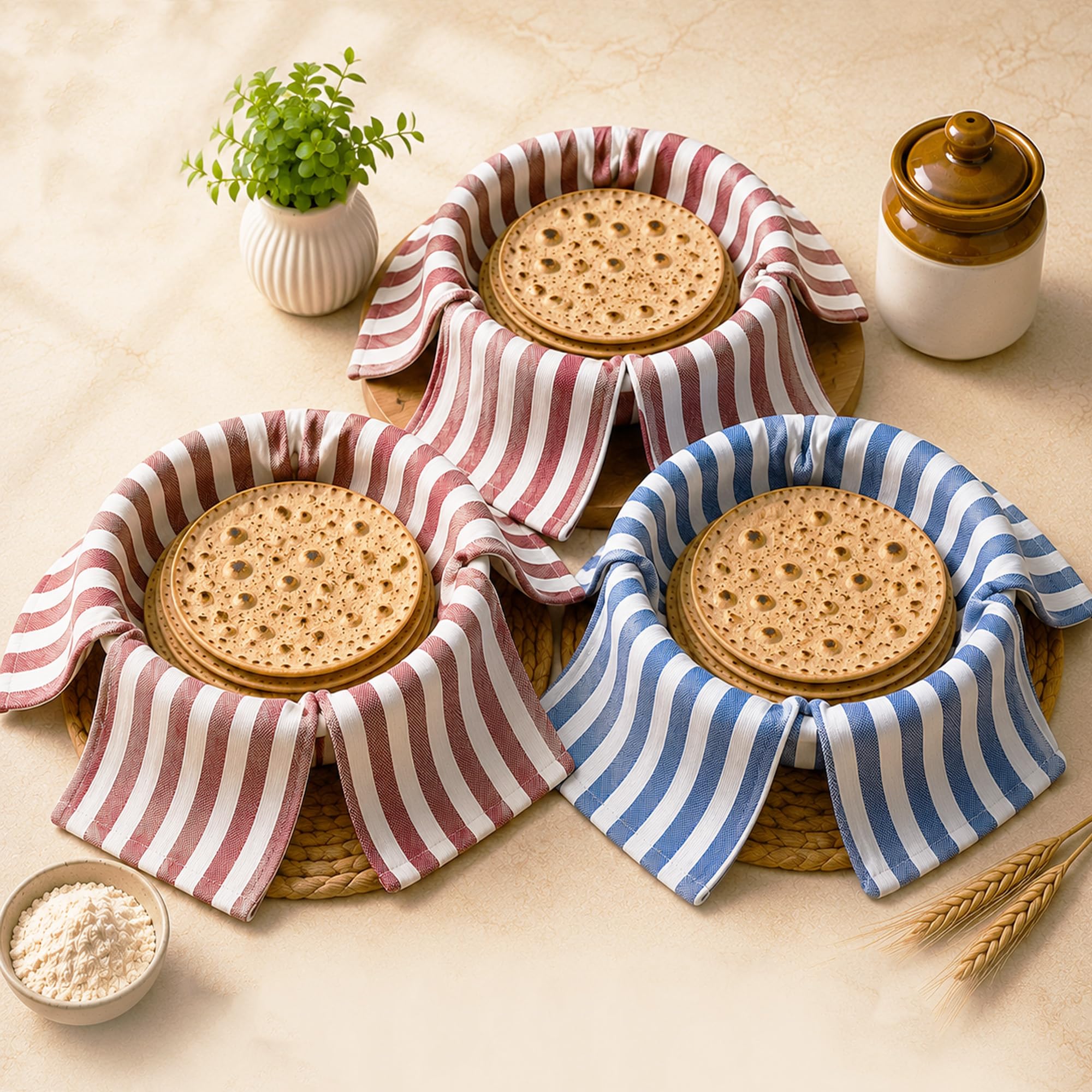 GLUN® Pack of 3 Striped Cotton Roti Cloth Wraps, Keeps Chapati Warm, Double Layer Soft Cotton Roti Cover for Casserole & Hot Case-image-2
