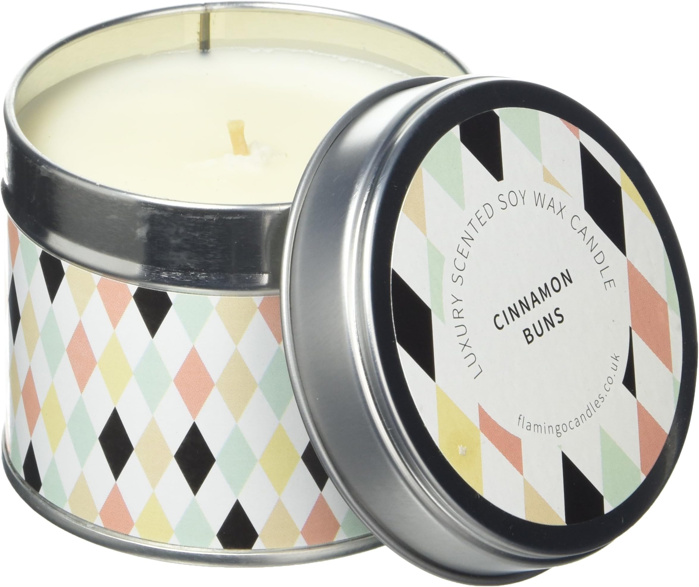 Flamingo Candles Cinnamon Buns Pastel Harlequin Print Tin Candle, Metal, Silver, 8 x 8 x 7 cm