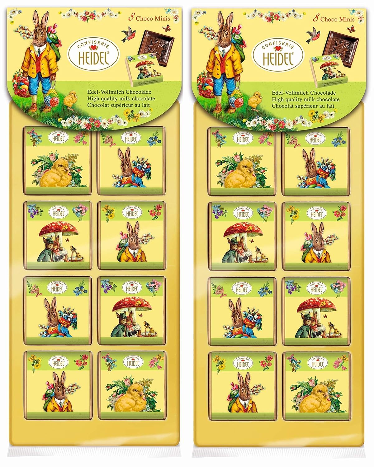 Heidel Choco-Minis Oster-Nostalgie im 8er Set 40g, Premium Mini Vollmilchschokoladen-Tafeln, Ideal als Ostergeschenk, 8 einzeln verpackte Schokoladentafeln