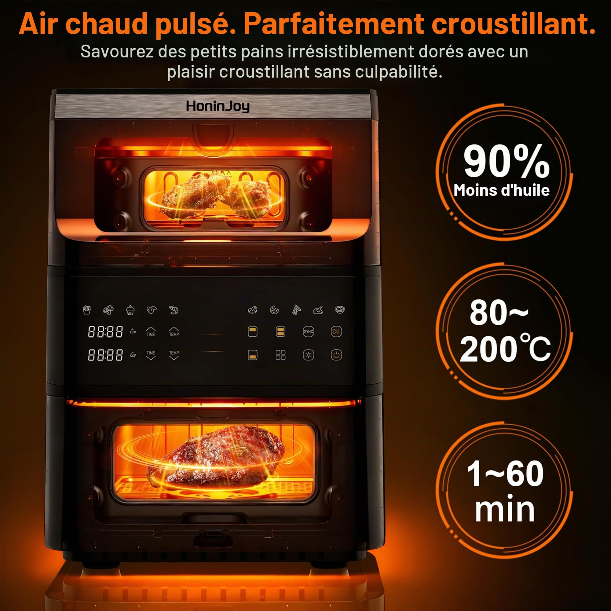12L Air Fryer, Grand Double Compartiment Friteuse à Air Verticale Chaud Fenetre Visible 2 Tiroirs Écran tactile numérique 10-en-1Synchronisation Antiadhésif Lavable au Lave-vaisselle