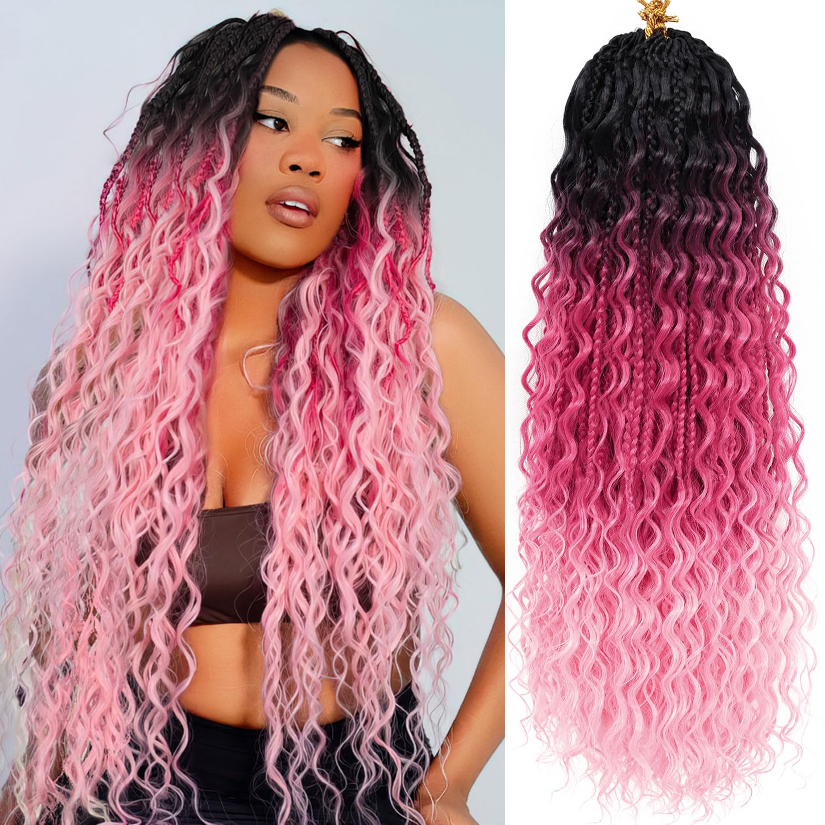 Goddess Box Braids Crochet Hair Ombre Pink Boho Crochet Braids 24 Inch 7 Packs Bohemian Crochet Braids with Curly Ends Knotless Box Braids Crochet