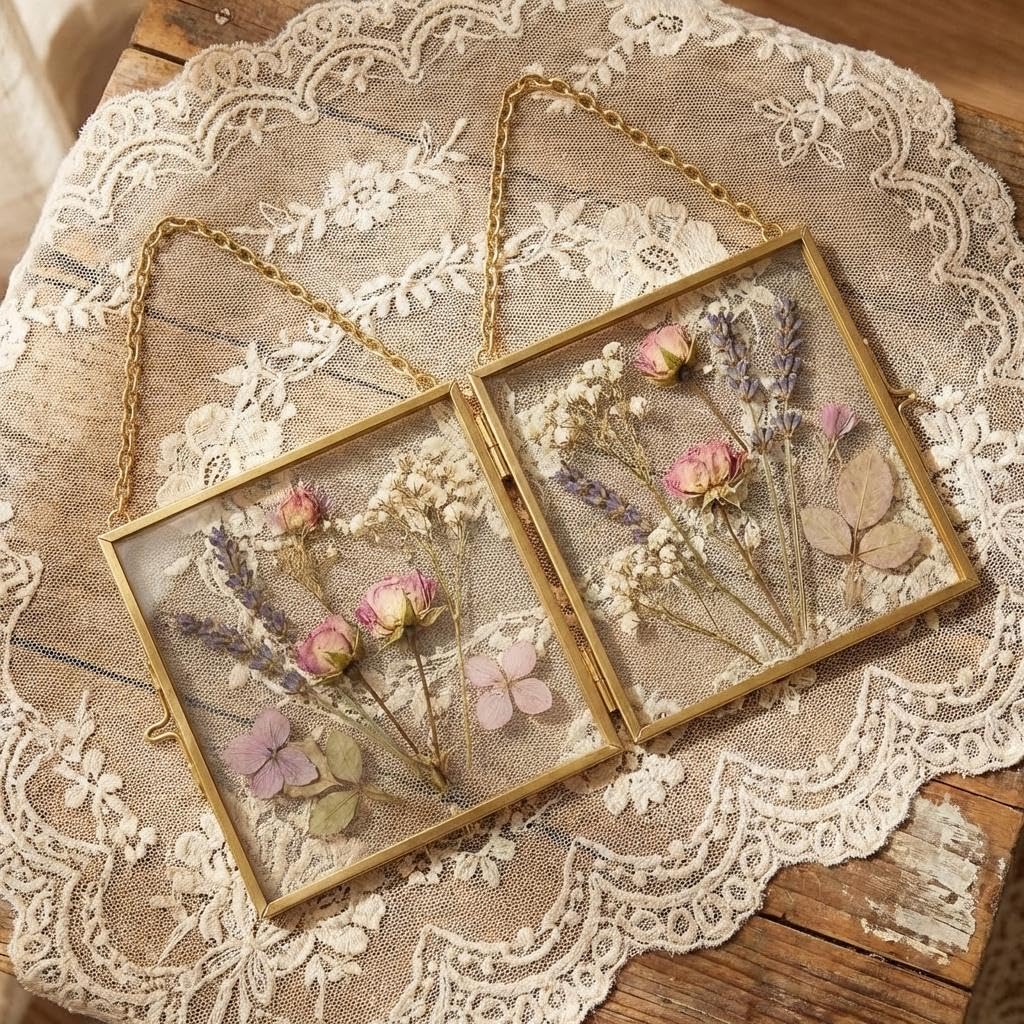 Dual Glass Pressed Flower Frames Stylish Metallic Home Decor,6 Pack 3x3 Floating Photo Frames with Metal Chain for Dried Flowers, Plants, Artwork Display, Horizontal Vertical Floating Picture Frame Sets,Golden