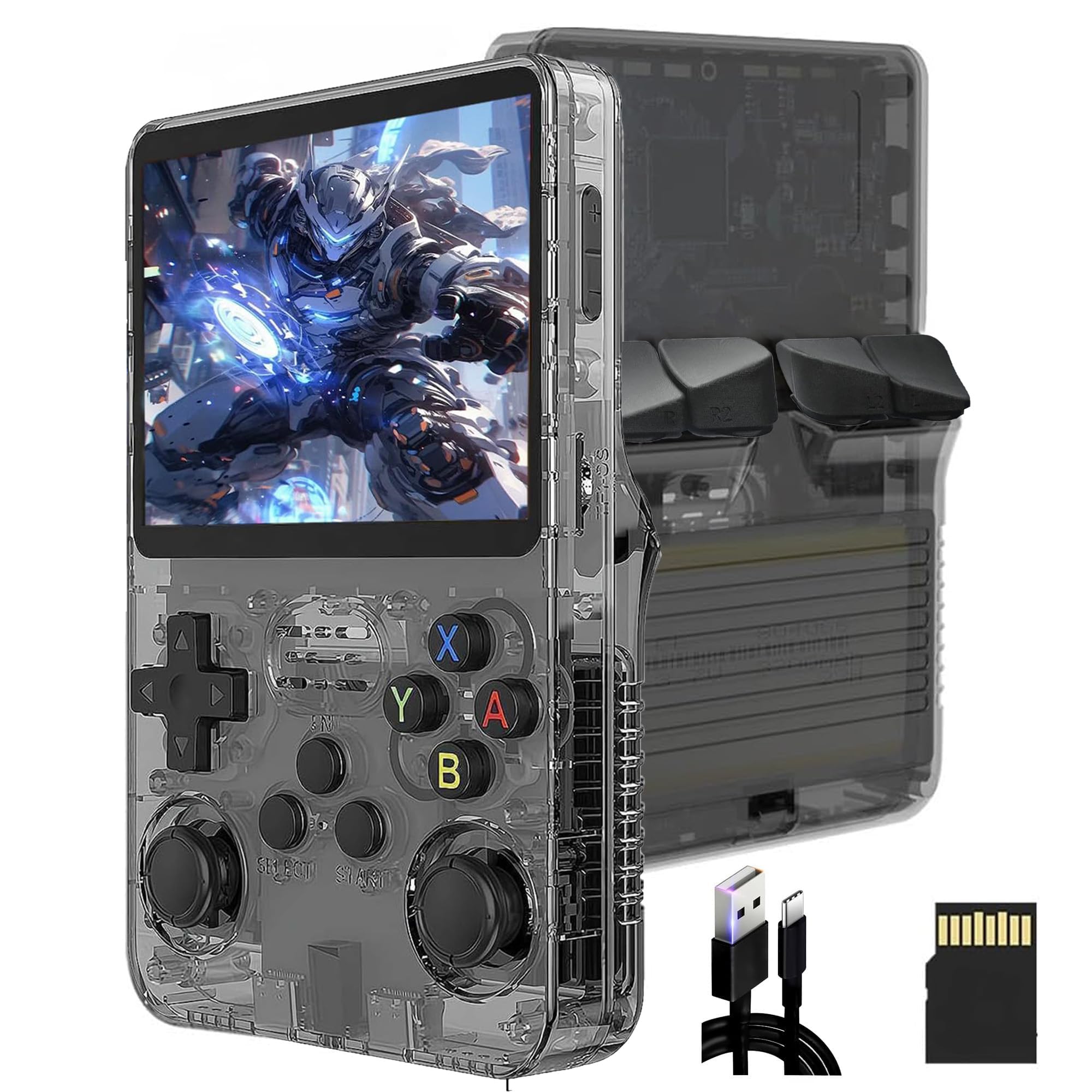 Drqzwp R36S Console Retro Game Portatile aggiornata, Funzione di Archiviazione Manuale, Pulsanti Ergonomici, Oltre 15.000 Giochi Classici Retrò Supporto per l'aggiunta di Altri Giochi (Nero/64G)