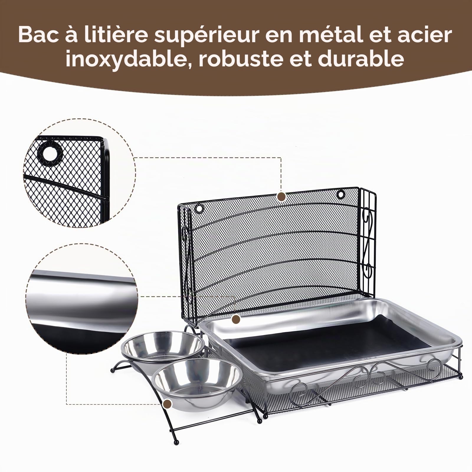 Mangeoire 3-en-1 pour lapin, foin avec bac à litière en acier inoxydable, 2 gamelles, râtelier à foin
