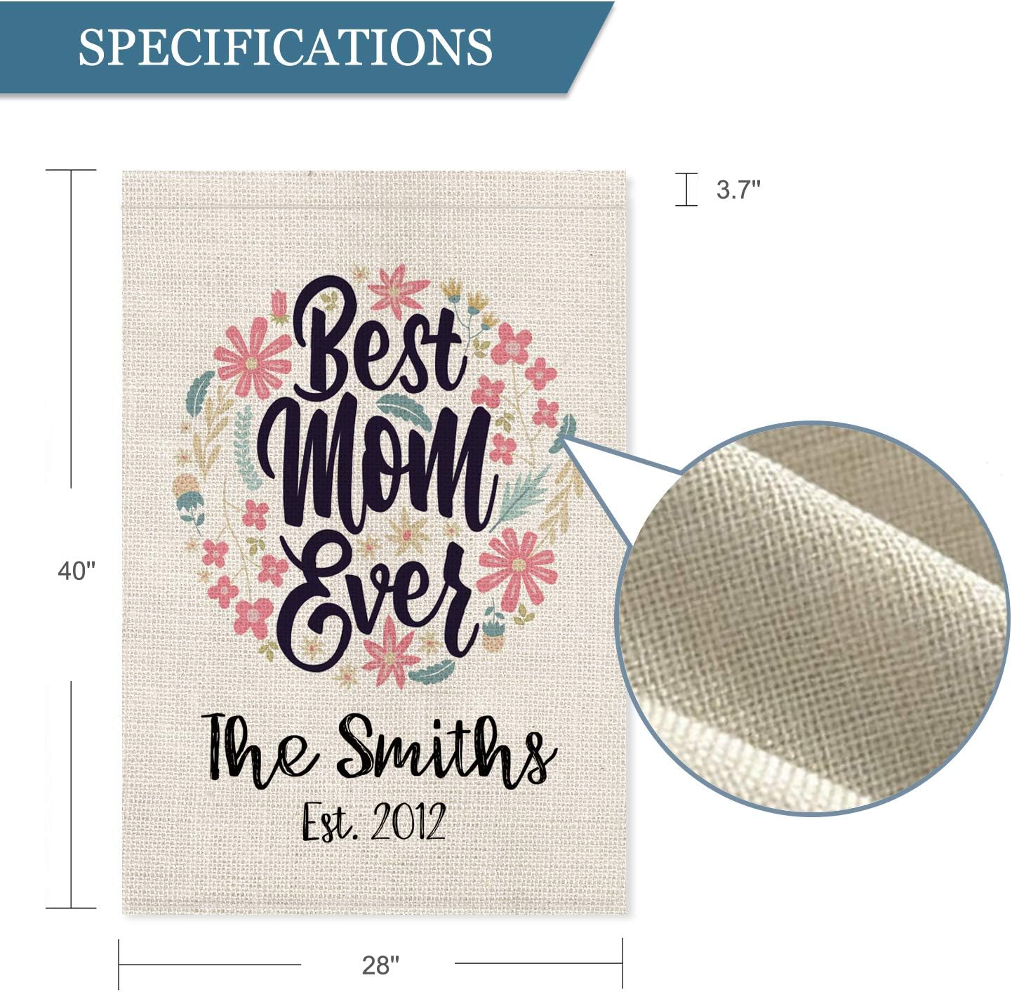 Smile Personalized Spring Happy Mother's Day House Flag, Best Mom Ever Customized Name and Year Flower, Double Sided 28 x 40 Inch Rustic Farmhouse Burlap Yard Outdoor Decoration