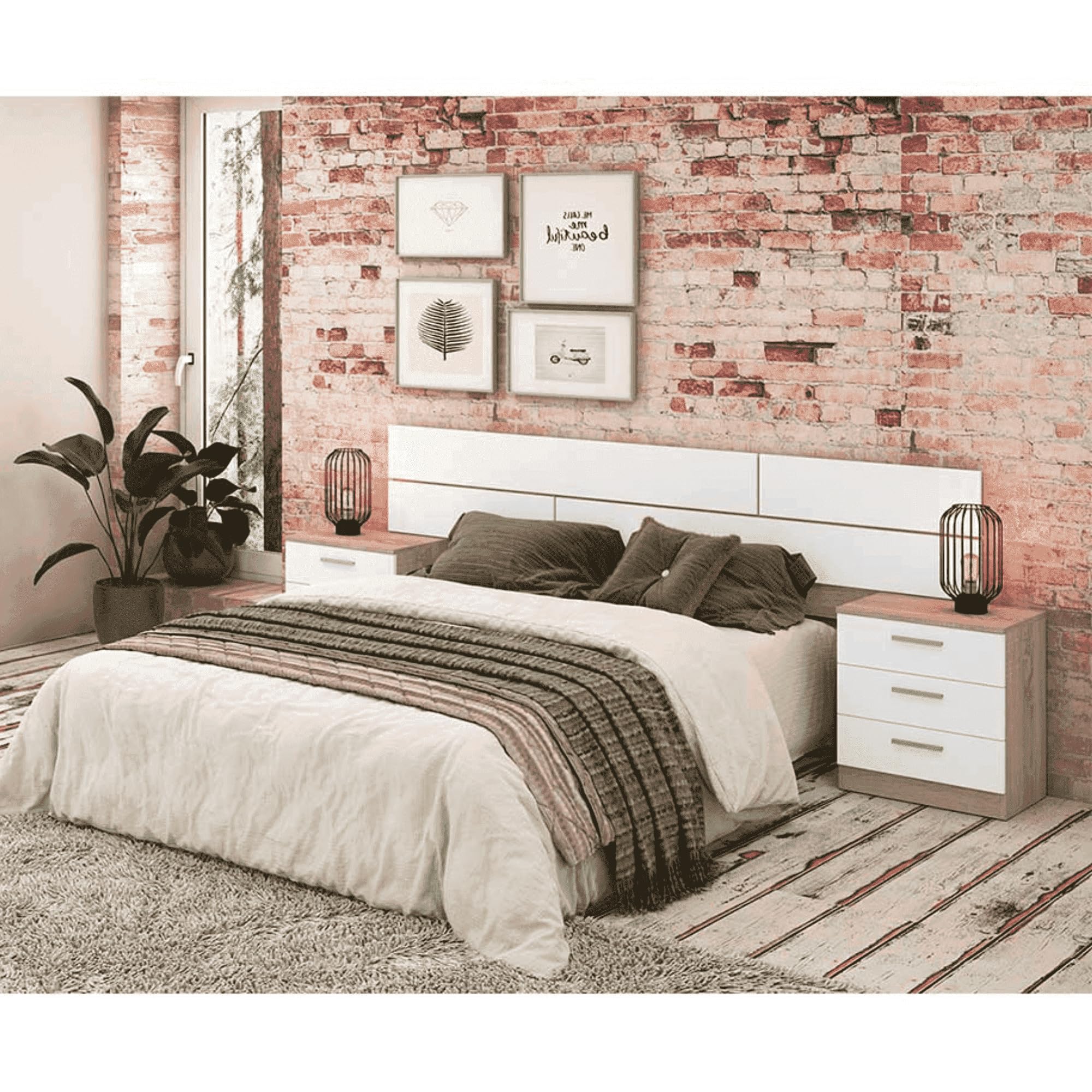 Pack Cabecero y 2 Mesitas de Noche, Dormitorio Doble, Dormitorio Completo, Acabado en Cambria y Blanco, 220 cm (An) x50 cm(Al) x 35 cm(Fon) - Meyvaser