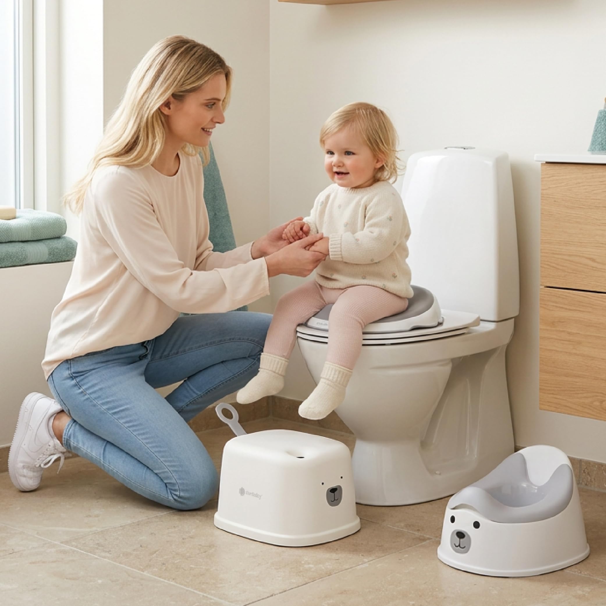 SUN BABY Set de Orinal Infantil 3 en 1 18-36 Meses - Beige | orinal, reductor WC, taburete antideslizante, cubeta extraíble