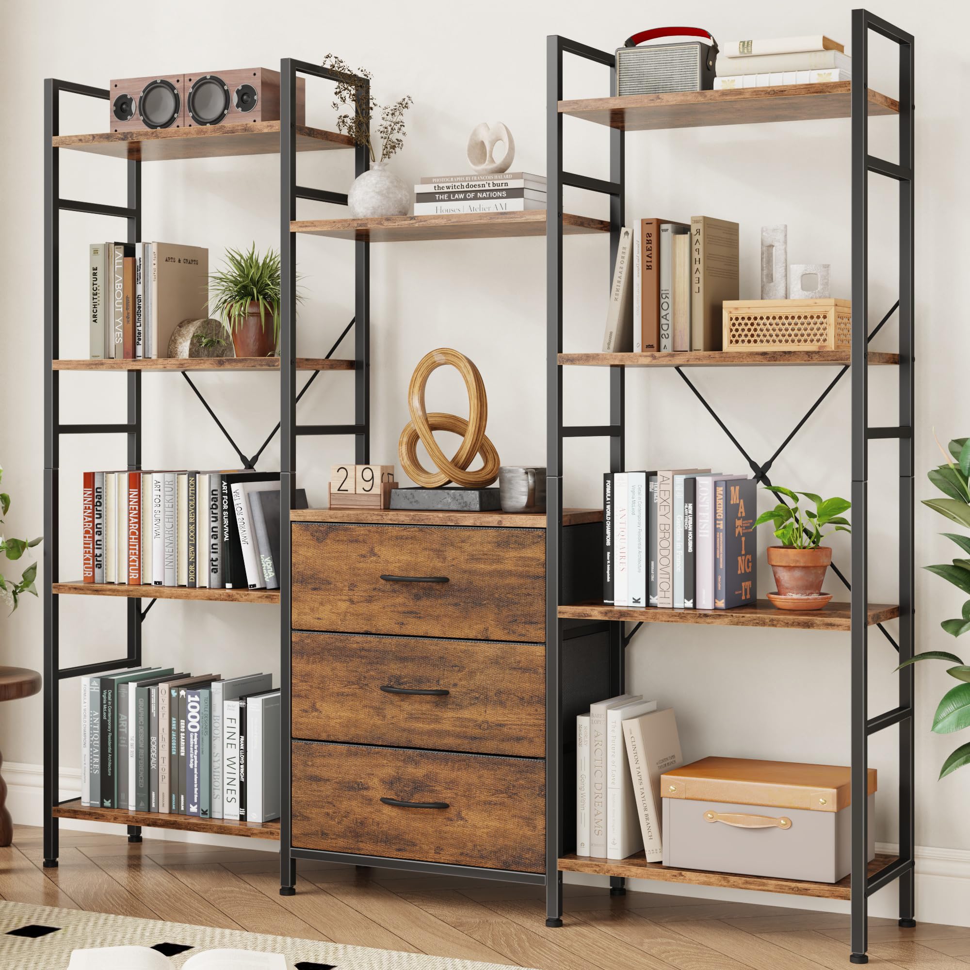 Amazon.com: AFLUI Triple Bookshelf with 3 Fabric Drawers, 4-Tier