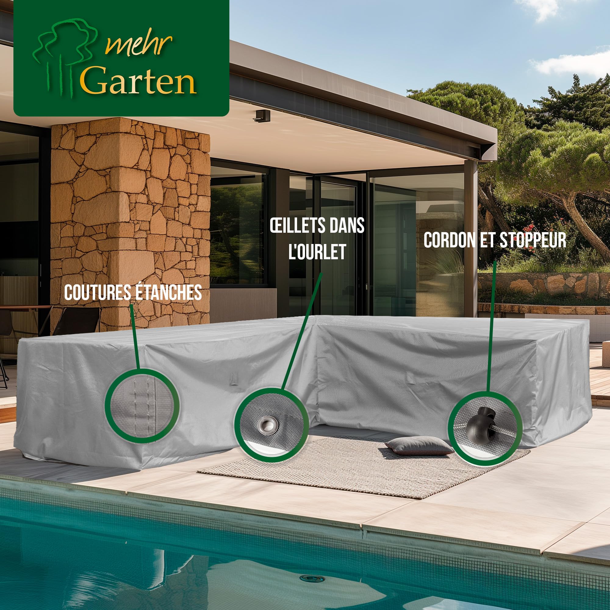 Housse de Protection pour canapé d'angle de Jardin | 225 x 225 x 80 cm | Polyester tissé Oxford 600D, Couleur : Gris