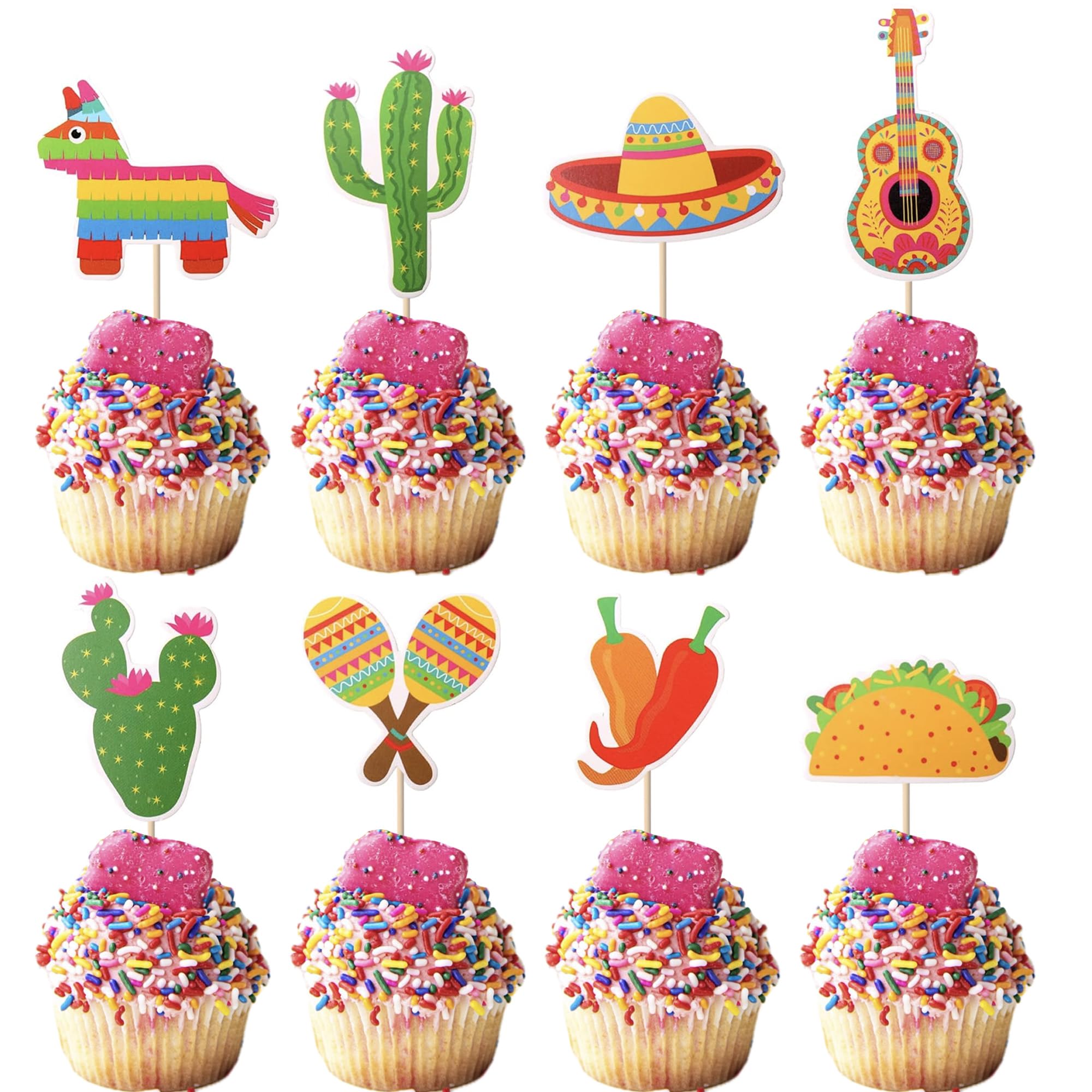 SYKYCTCY 32 Pack Mexican Fiesta Cupcake Toppers Cactus Donkey Maraca Sombrero Pepper Guitar Cupcake Picks for Mexican Fiesta Theme Baby Shower Birthday Party Cake Decorations Supplies