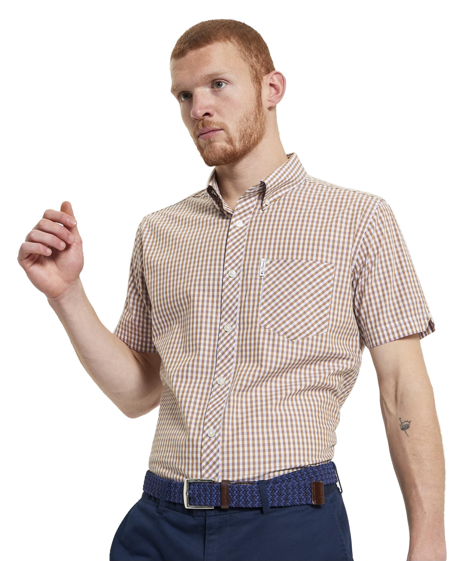 Ben Sherman Men's Caramel. Signature Gingham Check Shirt, Button-Down Collar, Short Sleeved, Regular Fit (Caramel.) L