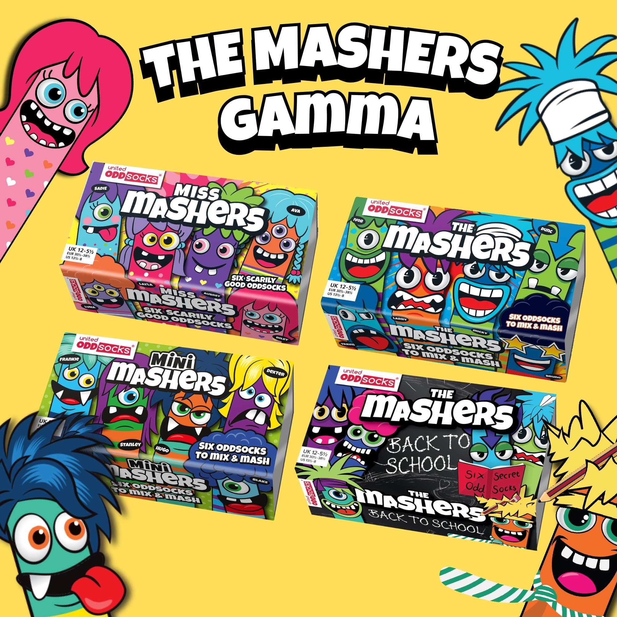 United Oddsocks – Miss Mashers – Confezione da 6 calzini per ragazze, misure 30.5-38.5.