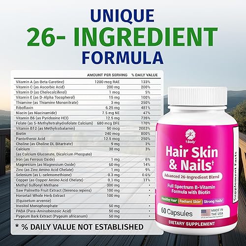 Miniatura 5 de Cabello Piel y Uñas Vitaminasapoya el crecimiento del cabello & RestauraciónBiotina 5000mcgExclusivo Fuerza Extra Fórmula con 60Cápsulas vegetarianas