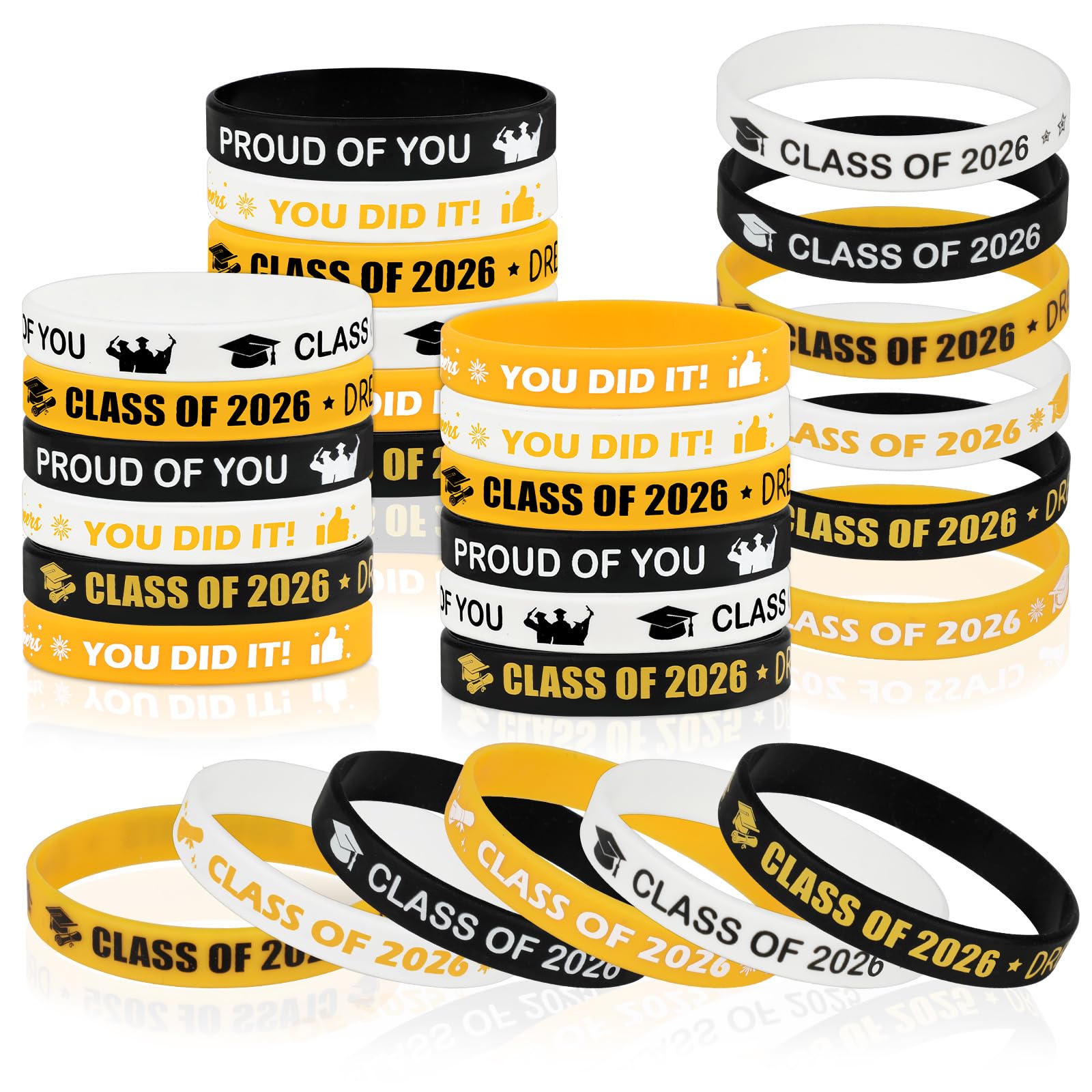 Konsait 30 PCS Class of 2026 Wristbands, 3 Colors Graduation Silicone Bracelets Graduation Party Favors for Graduates, School Leavers Gifts for Students from Teachers - 6 Designed