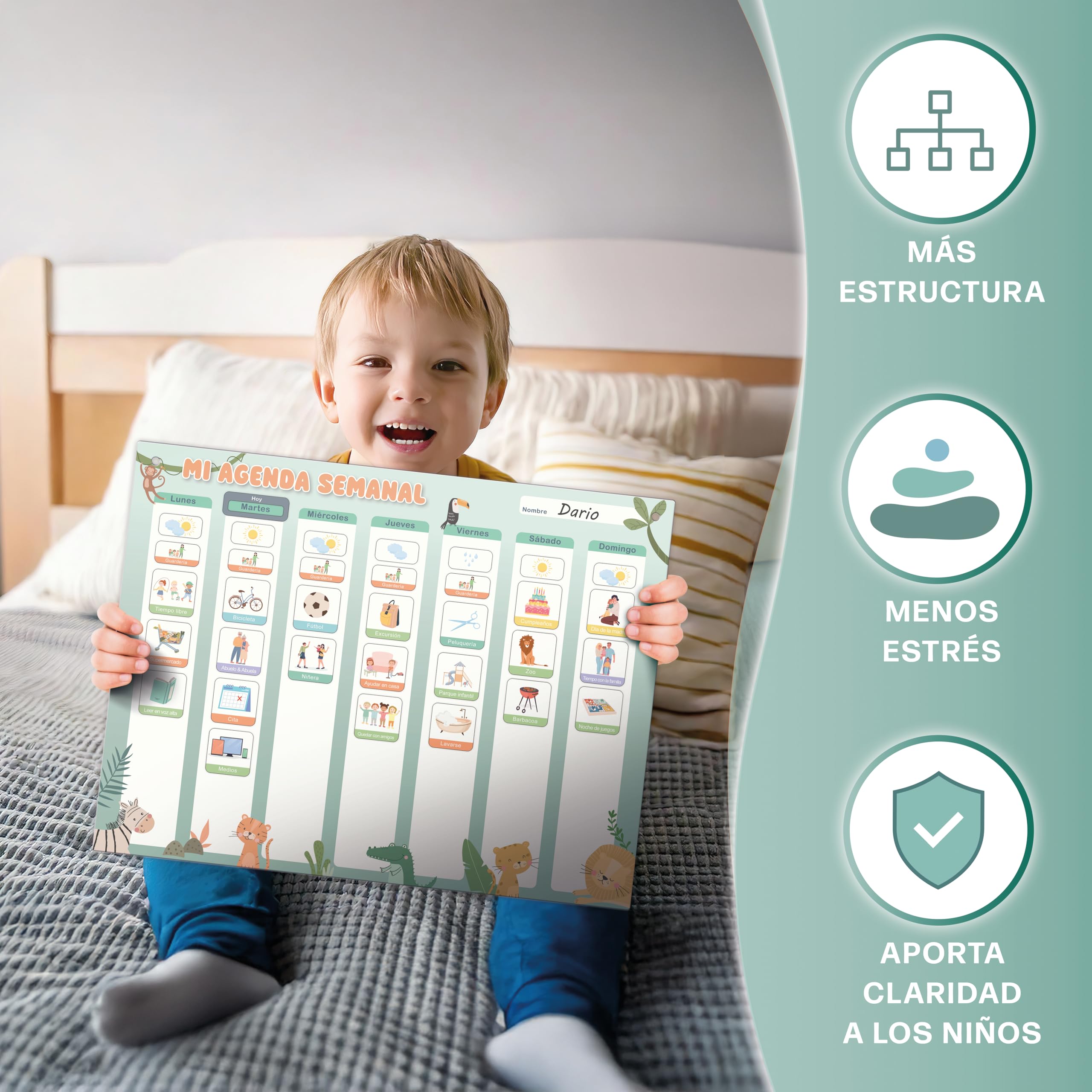 Planificador semanal para niños - Pizarra magnética Montessori con un bonito diseño que incluye 196 imanes y un bolígrafo - Juegos educativos a partir de 3 años - Calendario infantil