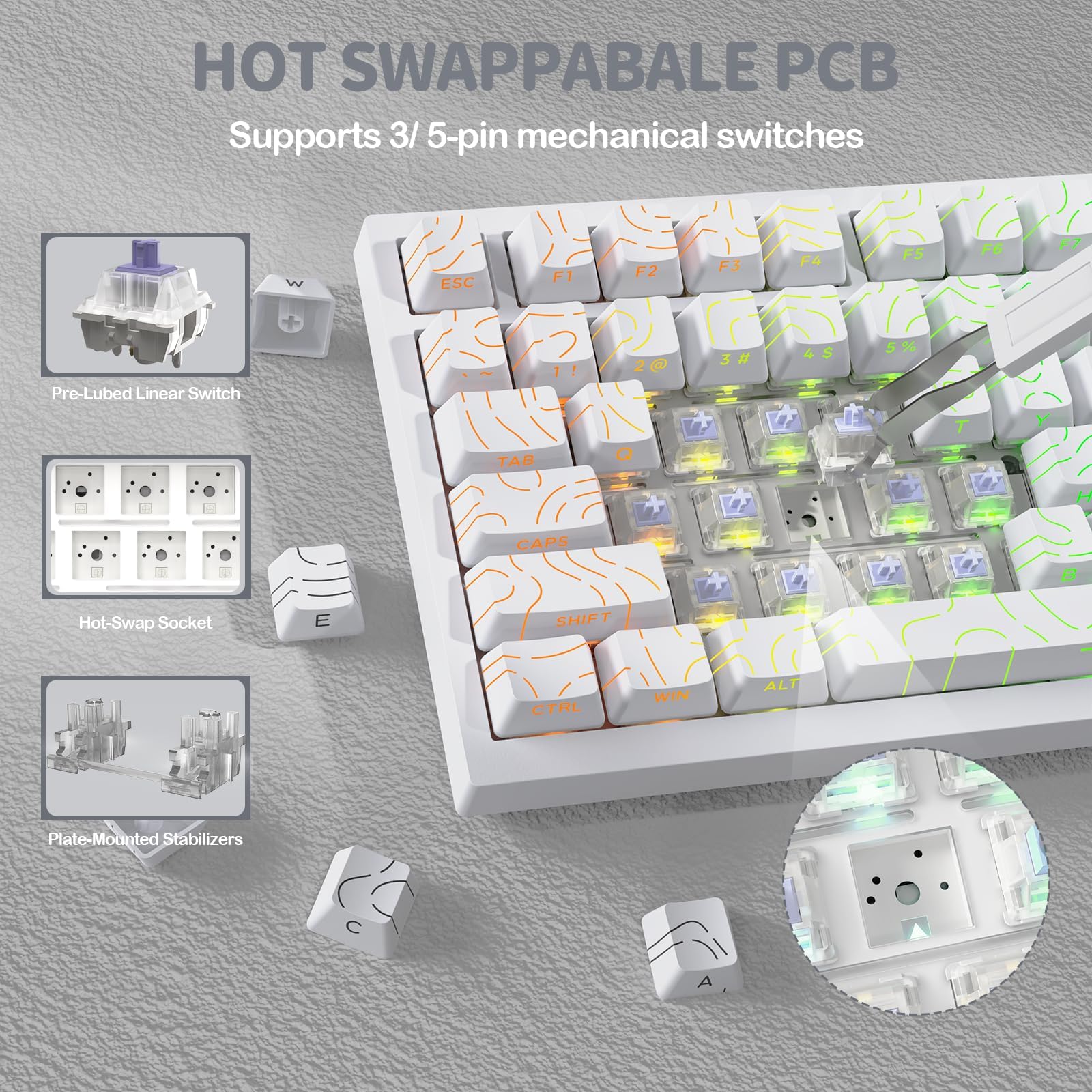 ATTACK SHARK X820 Ultra Teclado Mecánico Inalámbrico con Pantalla TFT Inteligente y Perilla, Teclado Gaming Hot Swappable 75%, BT/2.4G/Cableado, LED RGB, Keycaps PBT (Contornos Blancos - Gift Switch)