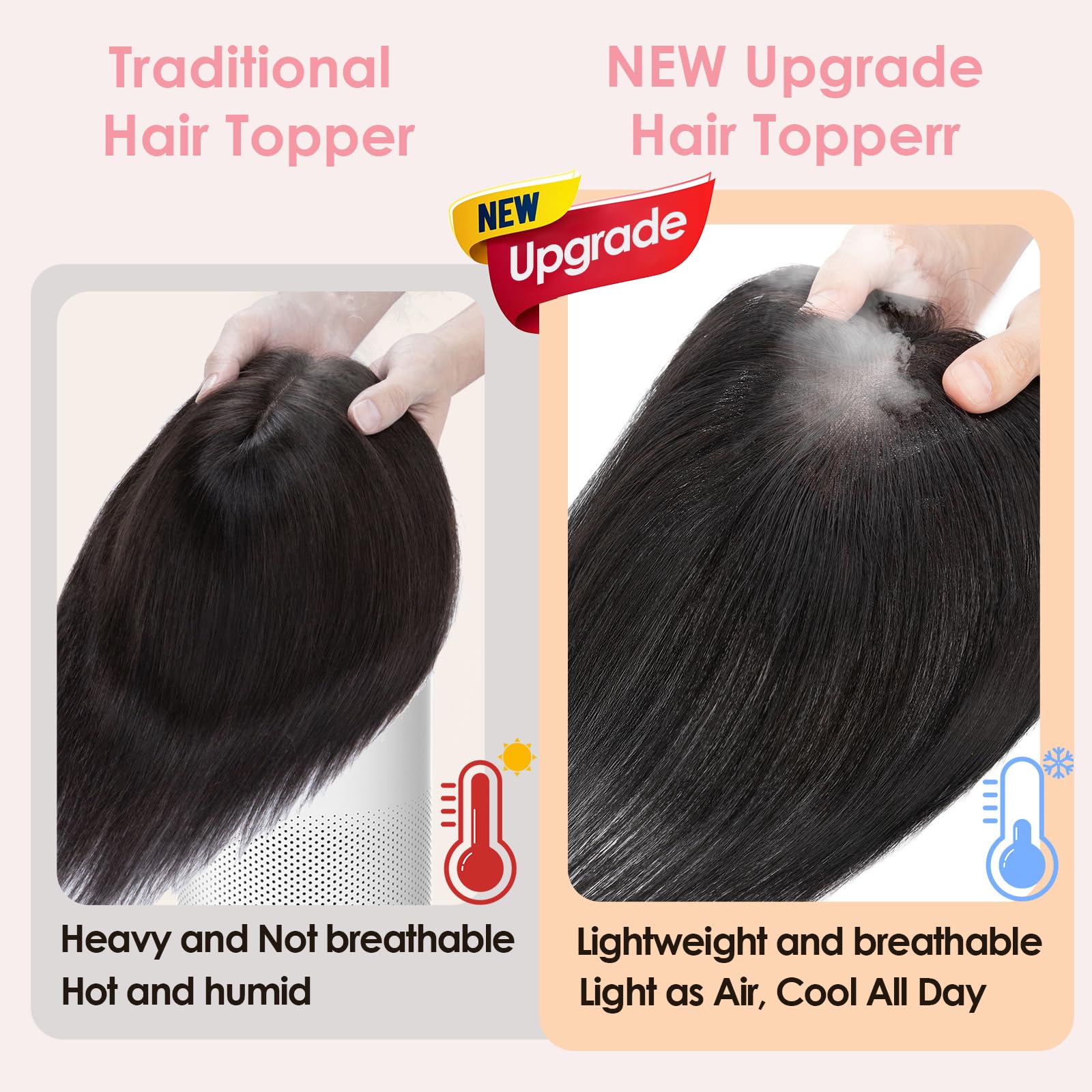 S-noilite Hair Toppers for Women Human Hair with Air Bangs - 7x11cm Hand-stitched Base 360° 3D Coverage Natural 14g (Natural Black #1B) - Image 3
