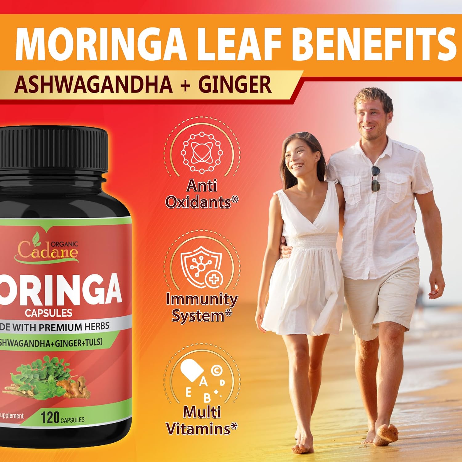 Organic Cadane Moringa Powder Capsules, 4in1 with Ashwagandha, Ginger, Holy Basil Tulsi - Immune Support - Oleifera Leaf Powder Herb Supplements, 120 Capsules - Image 4