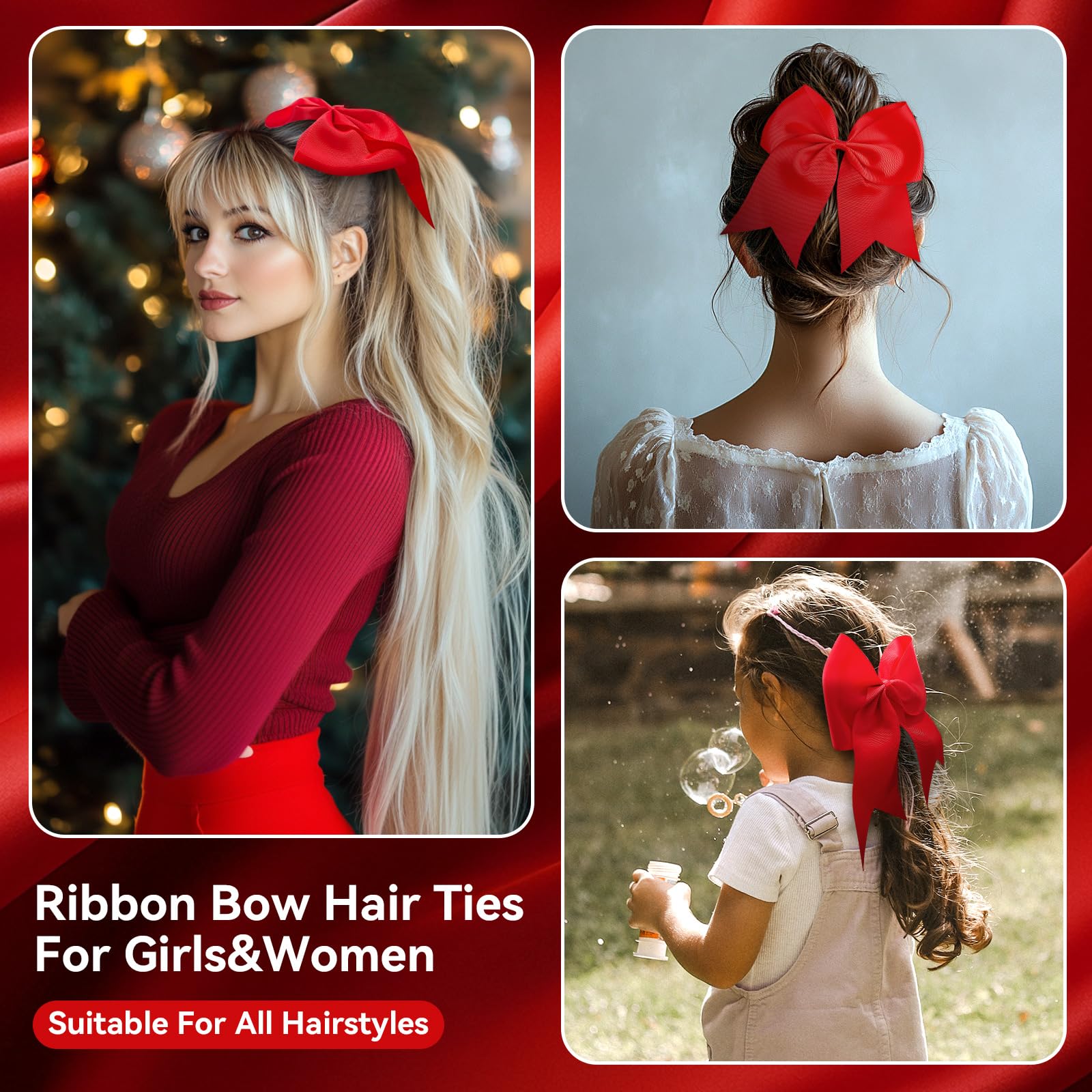 AXEN Large Cheerling Bow, 8 inch Cheer Hair Bows with Ponytail Holder for Teen Girls Sports Cheerleader Hair Accessories, Red - Image 2