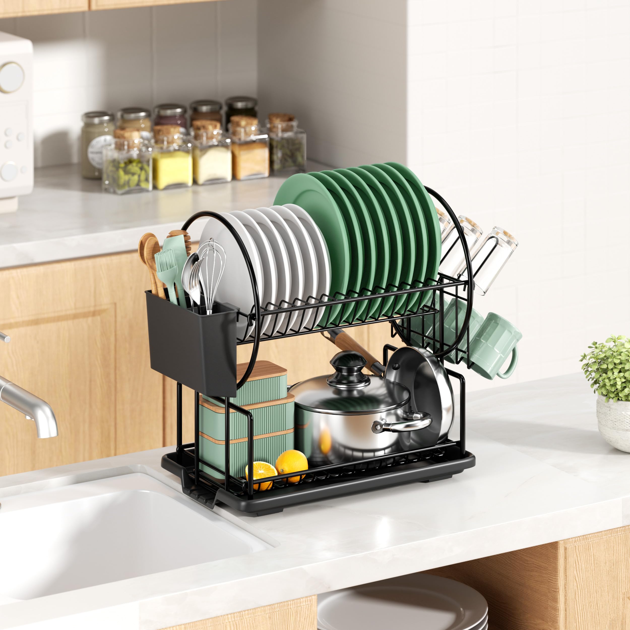 niffgaff Escurreplatos Acero Inoxidable Cocina, Función de Drenaje Automático Escurridor de Platos para Fregadero, Escurre Platos Armarios, Escurreplatos Negro