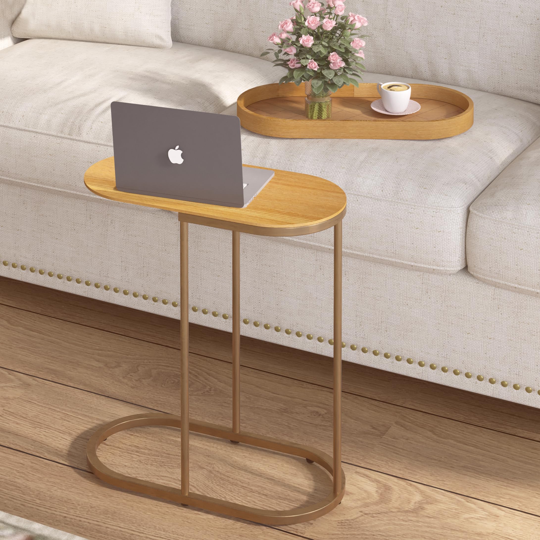 E-SHANHOMY Small Side Sofa Table Couch End Table Slide Under, C-Shaped Couch Table for Living Room Beside, Narrow Table for Couch, 26 Inch Height